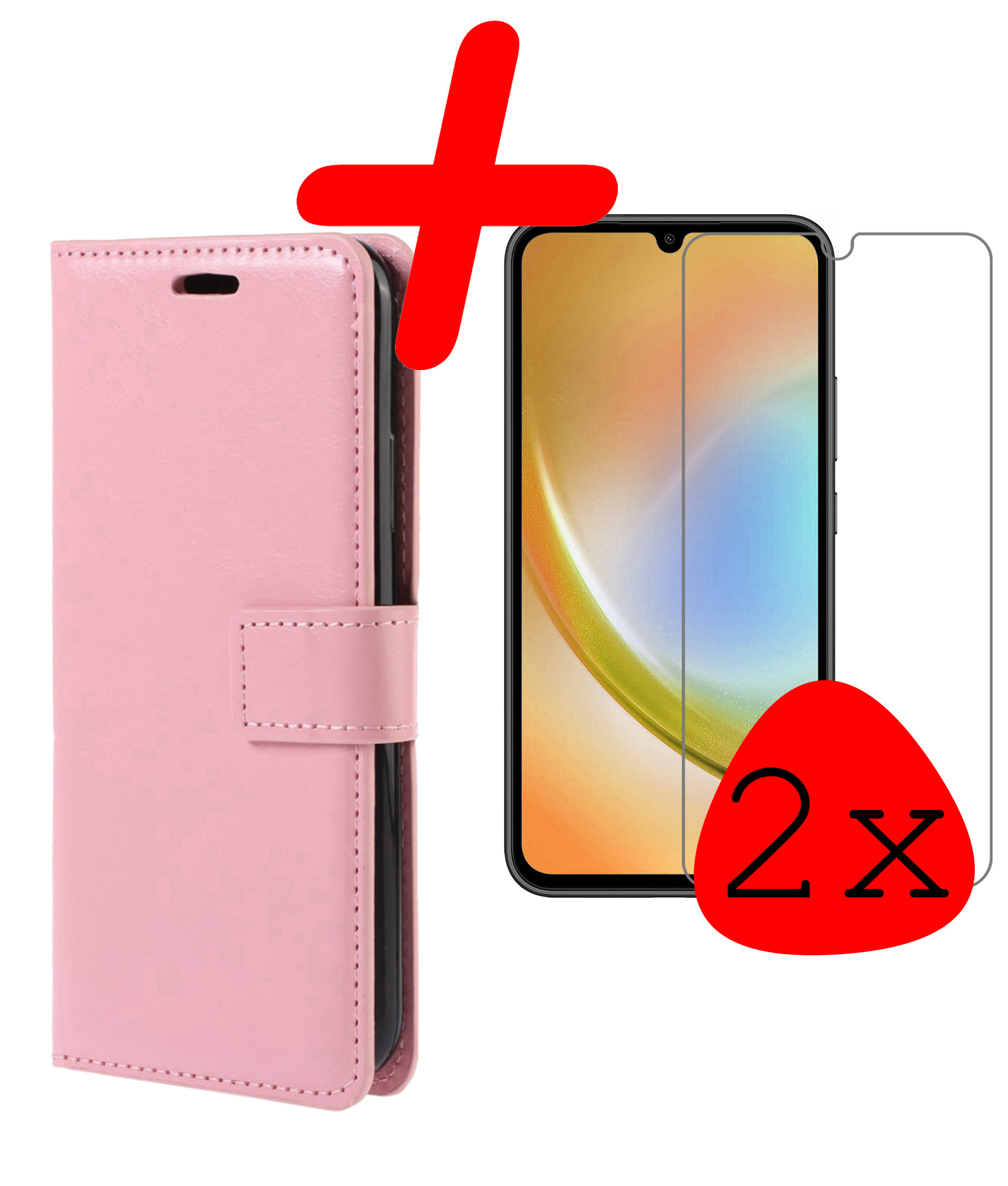 BASEY. Hoes Geschikt voor Samsung A34 Hoesje Bookcase Hoes Flip Case Book Cover Met 2x Screenprotector - Hoesje Geschikt voor Samsung Galaxy A34 Hoes Book Case Hoesje - Lichtroze