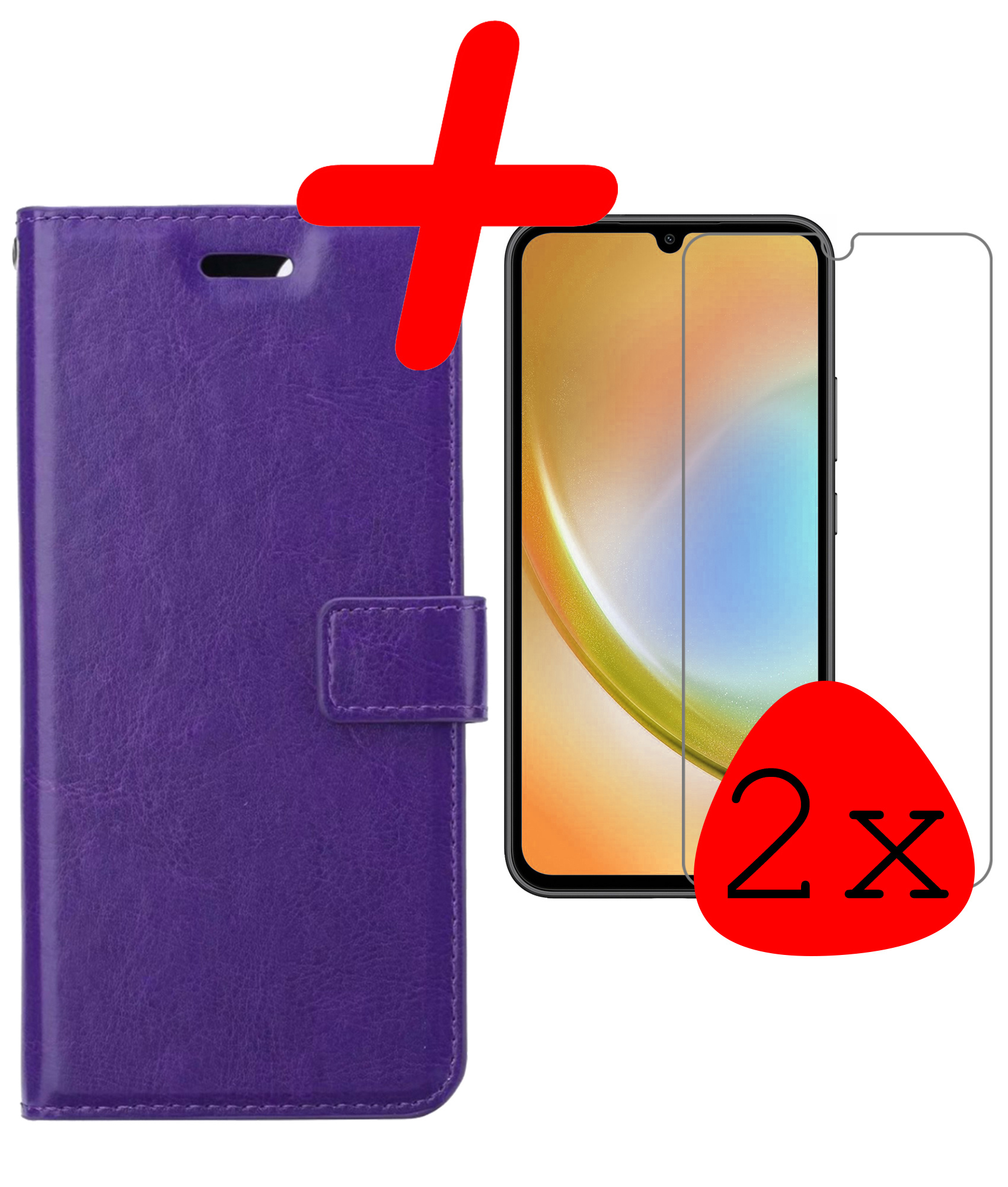 BASEY. Hoes Geschikt voor Samsung A34 Hoesje Bookcase Hoes Flip Case Book Cover Met 2x Screenprotector - Hoesje Geschikt voor Samsung Galaxy A34 Hoes Book Case Hoesje - Paars