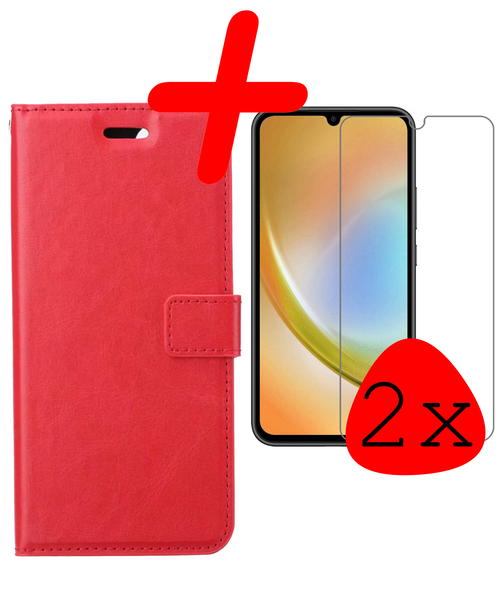 BASEY. Hoes Geschikt voor Samsung A34 Hoesje Bookcase Hoes Flip Case Book Cover Met 2x Screenprotector - Hoesje Geschikt voor Samsung Galaxy A34 Hoes Book Case Hoesje - Rood
