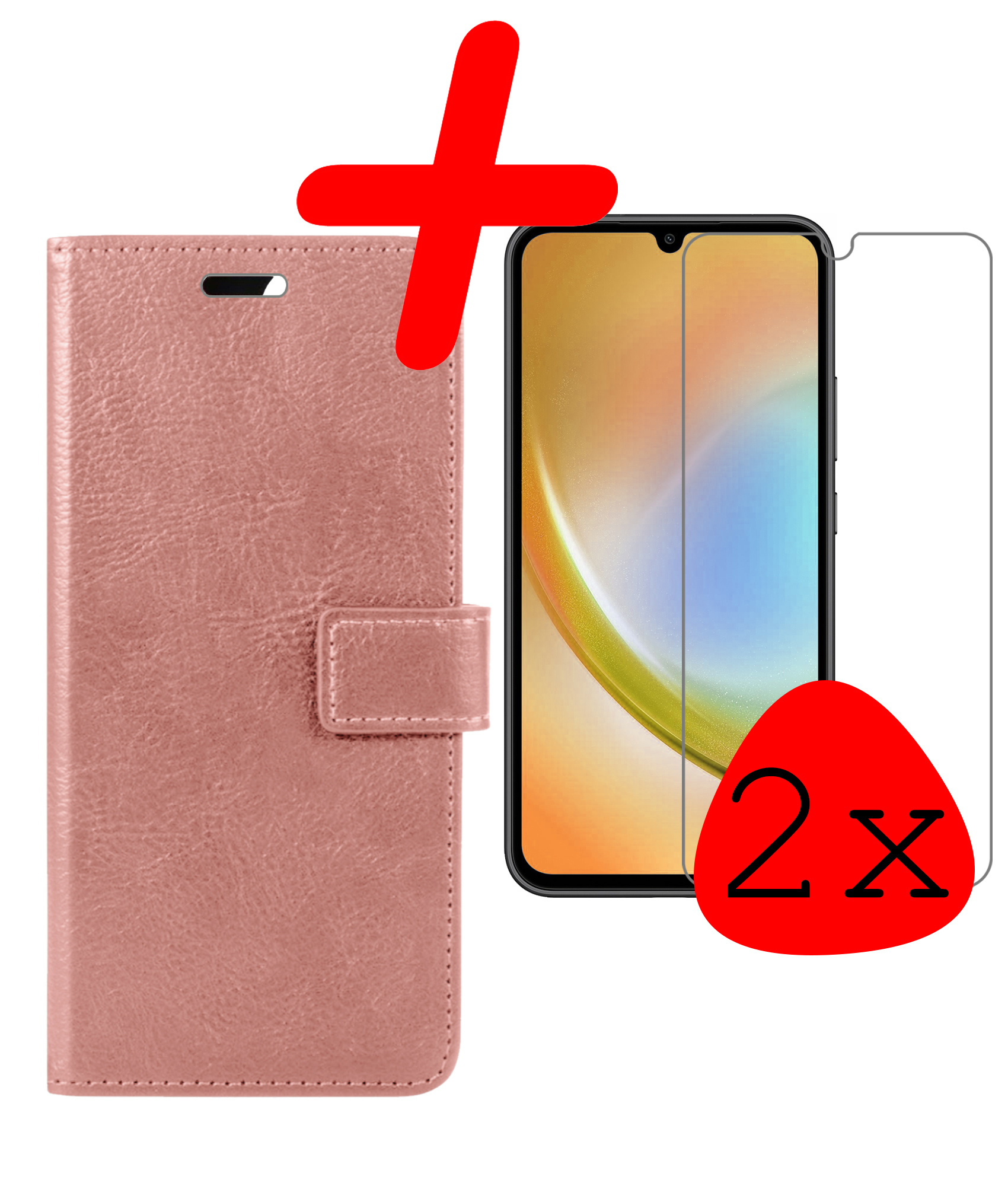 BASEY. Hoes Geschikt voor Samsung A34 Hoesje Bookcase Hoes Flip Case Book Cover Met 2x Screenprotector - Hoesje Geschikt voor Samsung Galaxy A34 Hoes Book Case Hoesje - Rosé goud