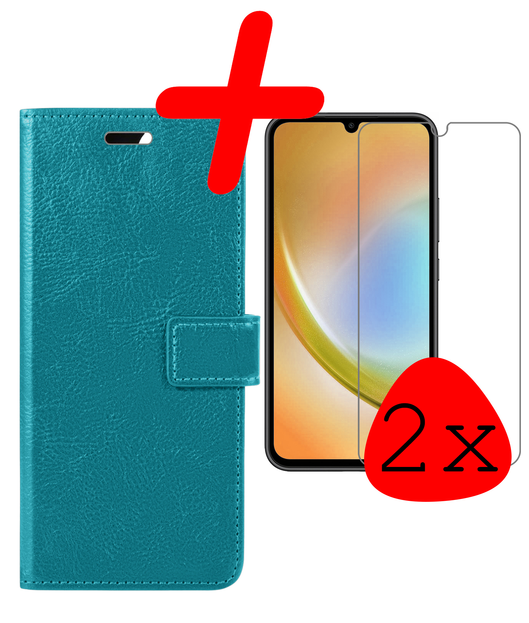 BASEY. Hoes Geschikt voor Samsung A34 Hoesje Bookcase Hoes Flip Case Book Cover Met 2x Screenprotector - Hoesje Geschikt voor Samsung Galaxy A34 Hoes Book Case Hoesje - Turquoise