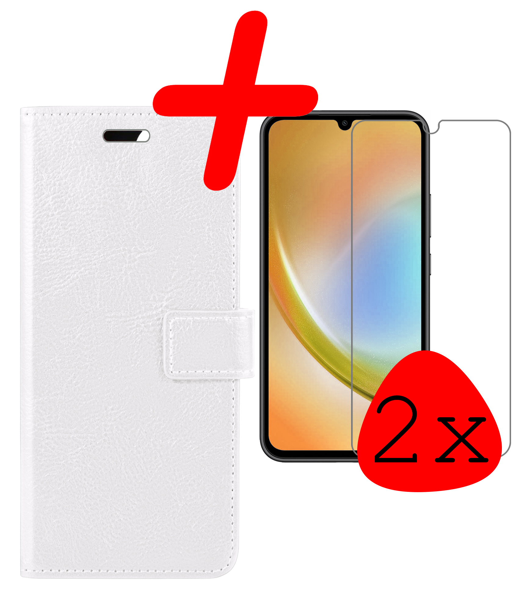 BASEY. Hoes Geschikt voor Samsung A34 Hoesje Bookcase Hoes Flip Case Book Cover Met 2x Screenprotector - Hoesje Geschikt voor Samsung Galaxy A34 Hoes Book Case Hoesje - Wit