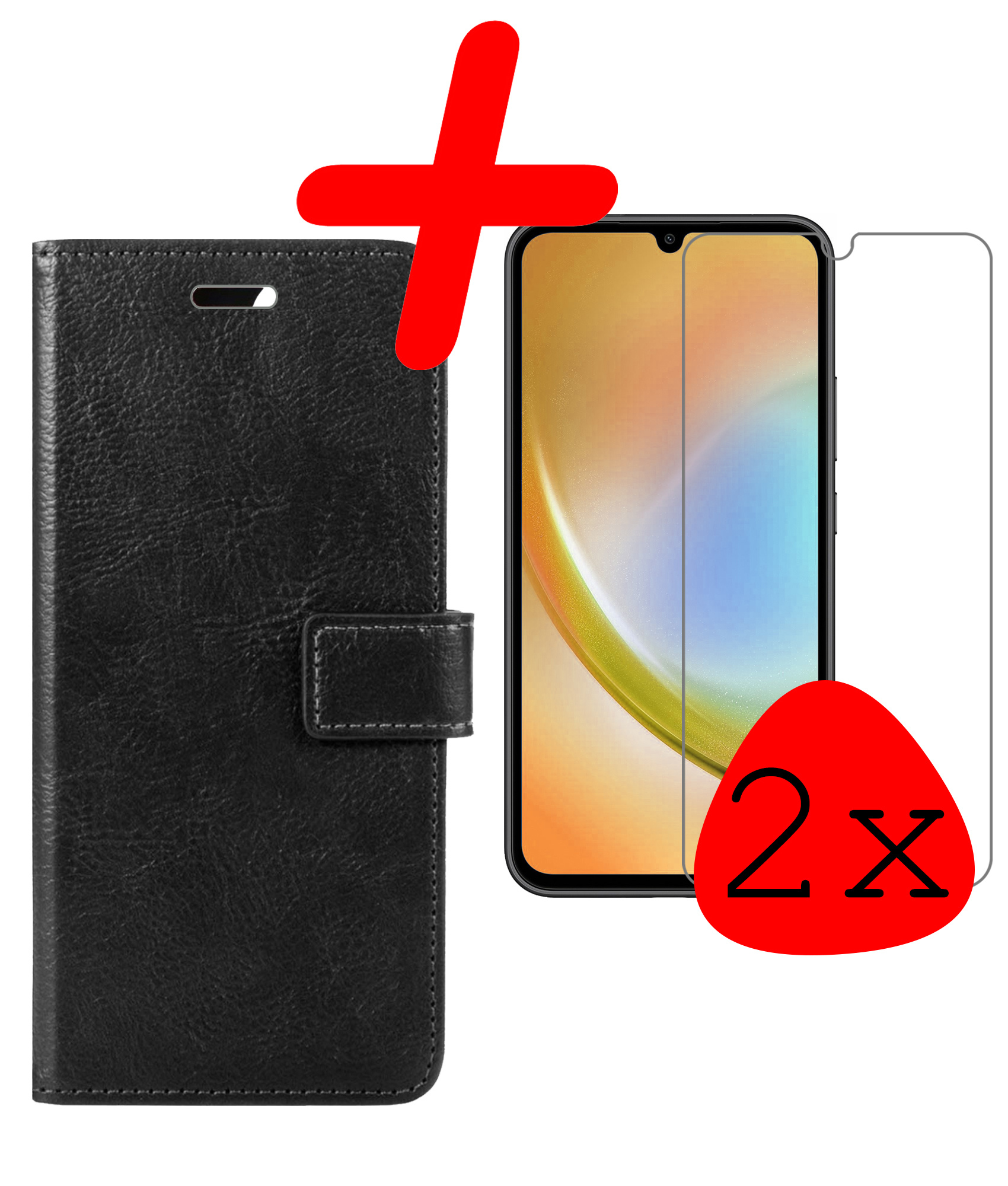 BASEY. Hoes Geschikt voor Samsung A34 Hoesje Bookcase Hoes Flip Case Book Cover Met 2x Screenprotector - Hoesje Geschikt voor Samsung Galaxy A34 Hoes Book Case Hoesje - Zwart
