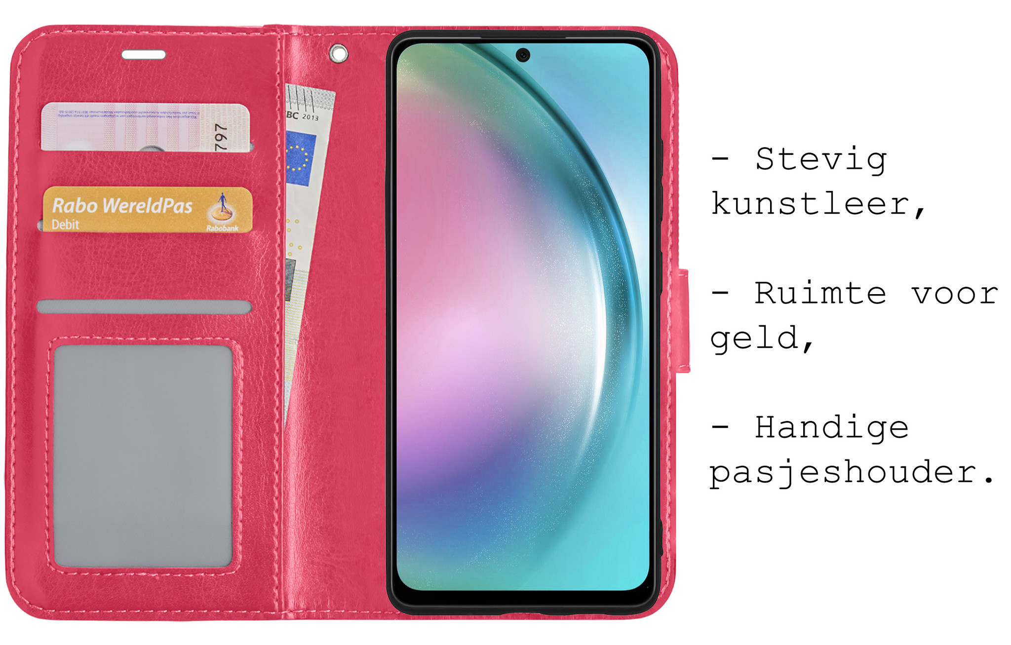 BASEY. Hoes Geschikt voor Samsung A54 Hoesje Bookcase Hoes Flip Case Book Cover Met Screenprotector - Hoesje Geschikt voor Samsung Galaxy A54 Hoes Book Case Hoesje - Donkerroze