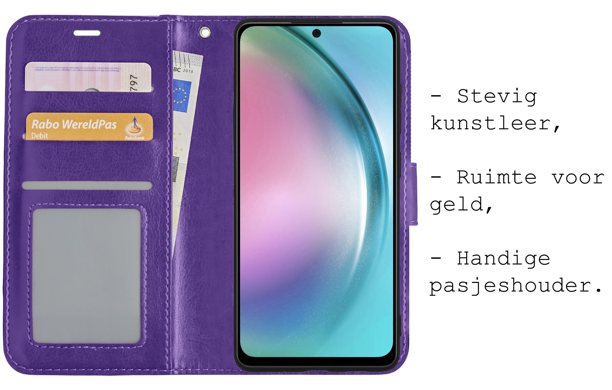 BASEY. Hoes Geschikt voor Samsung A54 Hoesje Bookcase Hoes Flip Case Book Cover Met Screenprotector - Hoesje Geschikt voor Samsung Galaxy A54 Hoes Book Case Hoesje - Paars