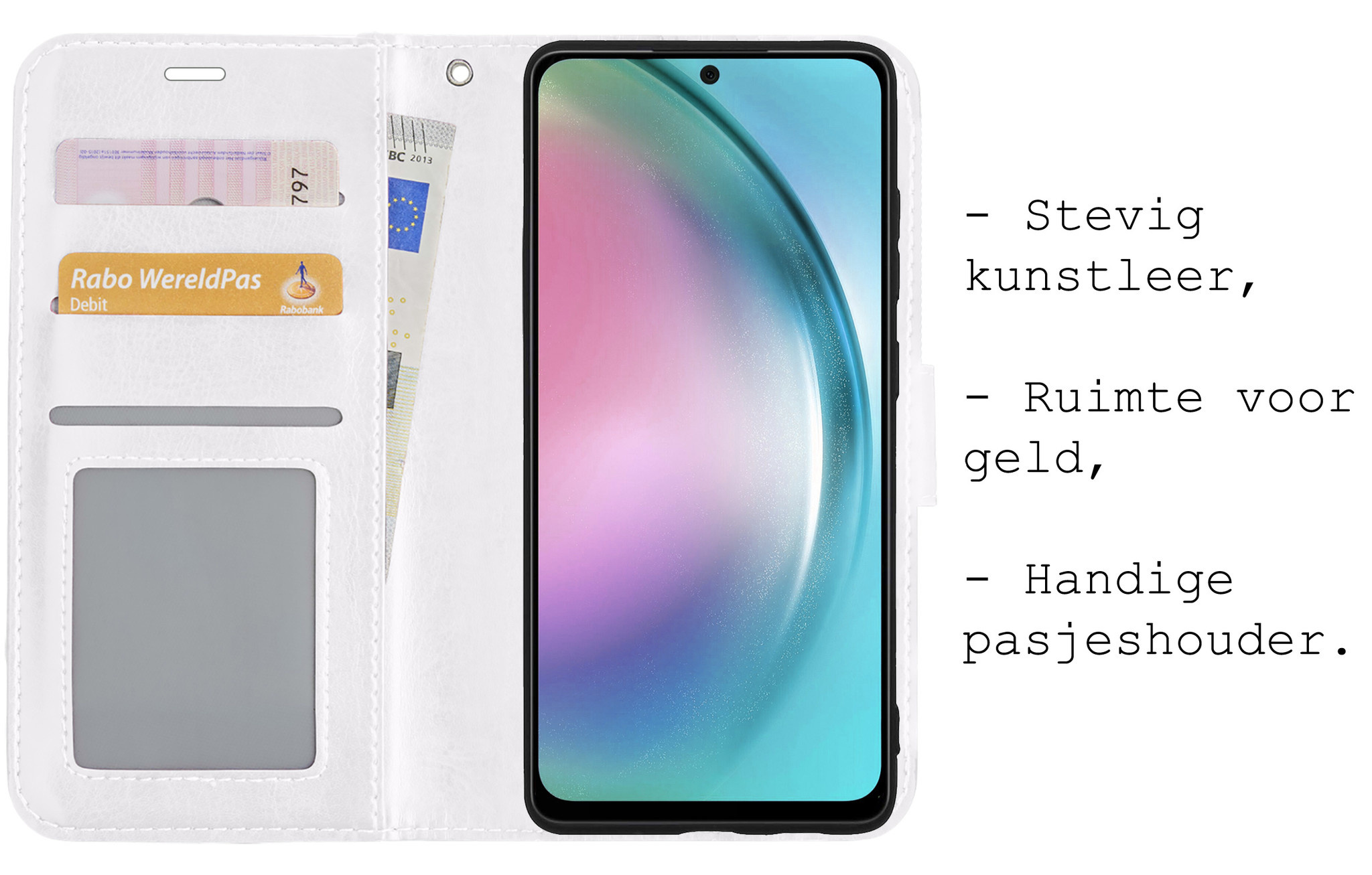 BASEY. Hoes Geschikt voor Samsung A54 Hoesje Bookcase Hoes Flip Case Book Cover Met Screenprotector - Hoesje Geschikt voor Samsung Galaxy A54 Hoes Book Case Hoesje - Wit