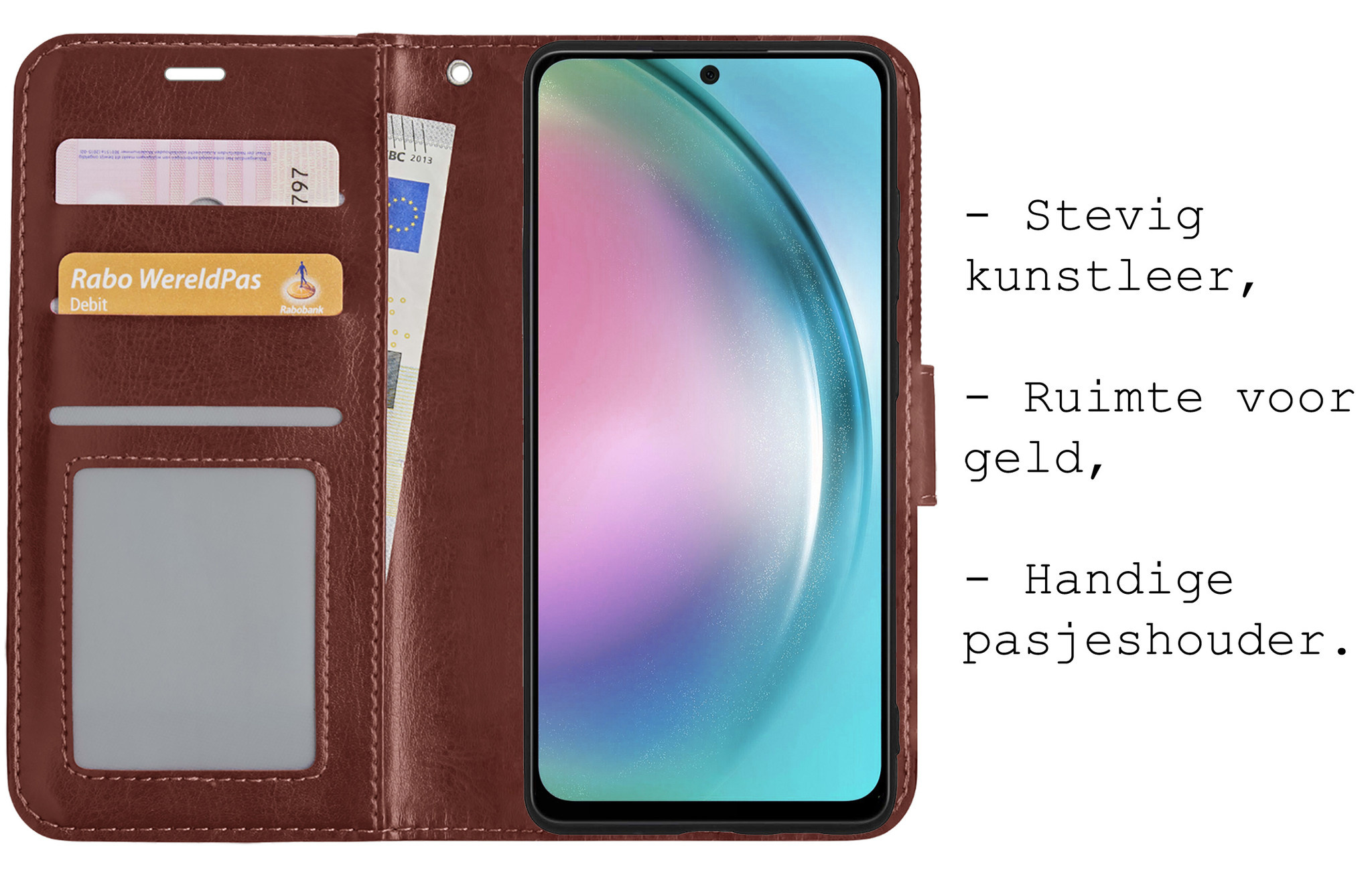 BASEY. Hoes Geschikt voor Samsung A54 Hoesje Bookcase Hoes Flip Case Book Cover Met 2x Screenprotector - Hoesje Geschikt voor Samsung Galaxy A54 Hoes Book Case Hoesje - Bruin