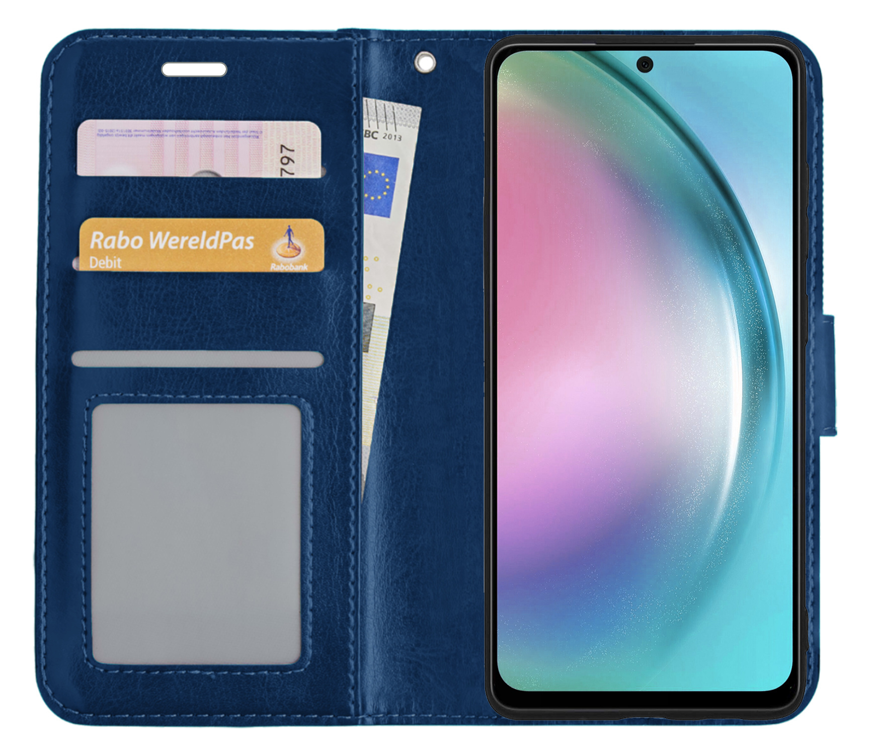 BASEY. Hoes Geschikt voor Samsung A54 Hoesje Bookcase Hoes Flip Case Book Cover Met 2x Screenprotector - Hoesje Geschikt voor Samsung Galaxy A54 Hoes Book Case Hoesje - Donkerblauw