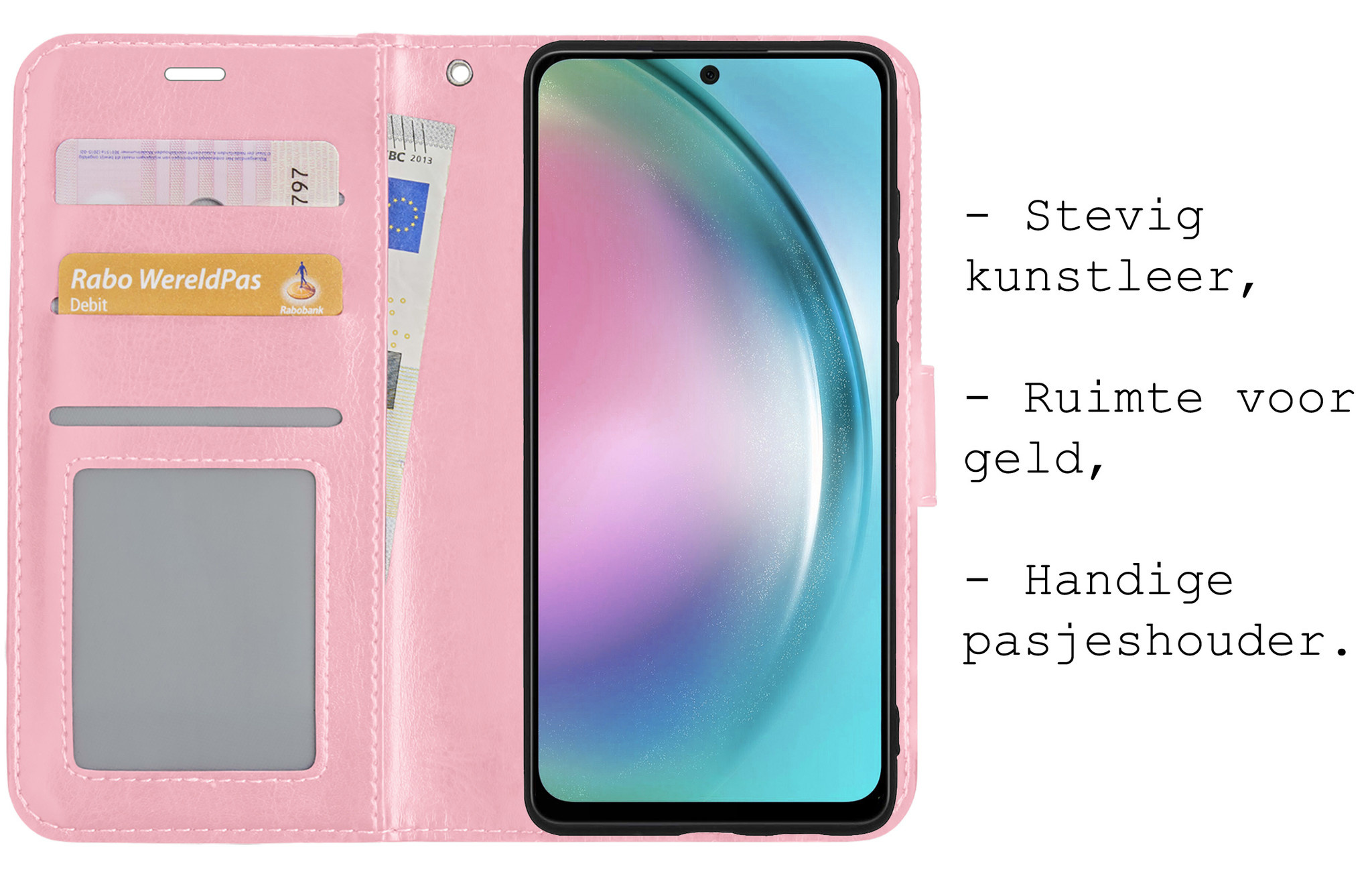BASEY. Hoes Geschikt voor Samsung A54 Hoesje Bookcase Hoes Flip Case Book Cover Met 2x Screenprotector - Hoesje Geschikt voor Samsung Galaxy A54 Hoes Book Case Hoesje - Lichtroze