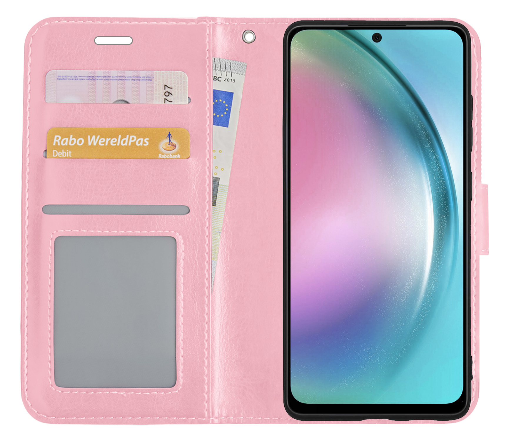 BASEY. Hoes Geschikt voor Samsung A54 Hoesje Bookcase Hoes Flip Case Book Cover Met 2x Screenprotector - Hoesje Geschikt voor Samsung Galaxy A54 Hoes Book Case Hoesje - Lichtroze