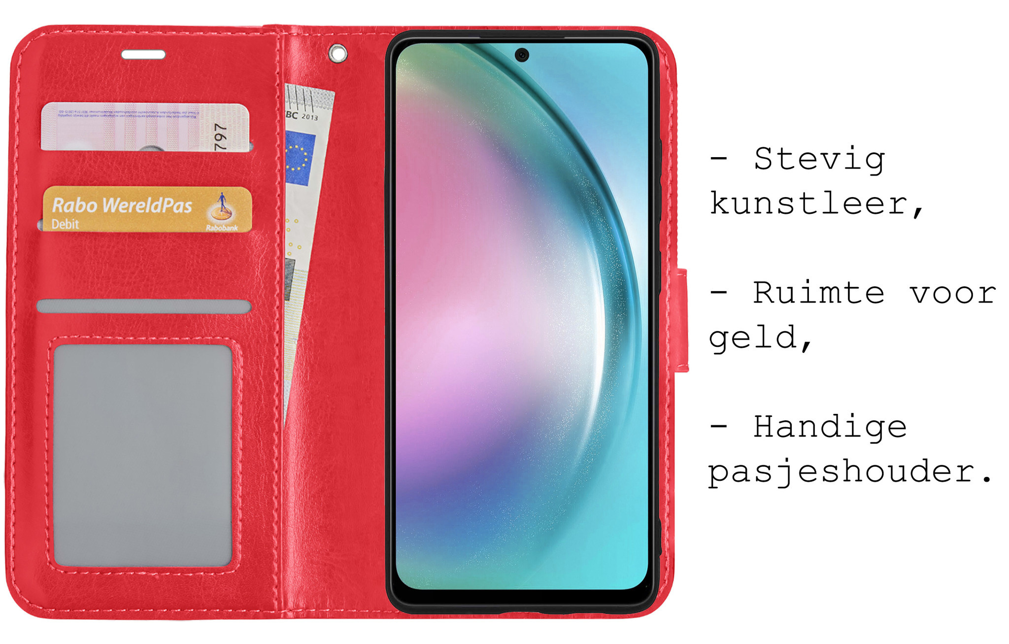 BASEY. Hoes Geschikt voor Samsung A54 Hoesje Bookcase Hoes Flip Case Book Cover Met 2x Screenprotector - Hoesje Geschikt voor Samsung Galaxy A54 Hoes Book Case Hoesje - Rood