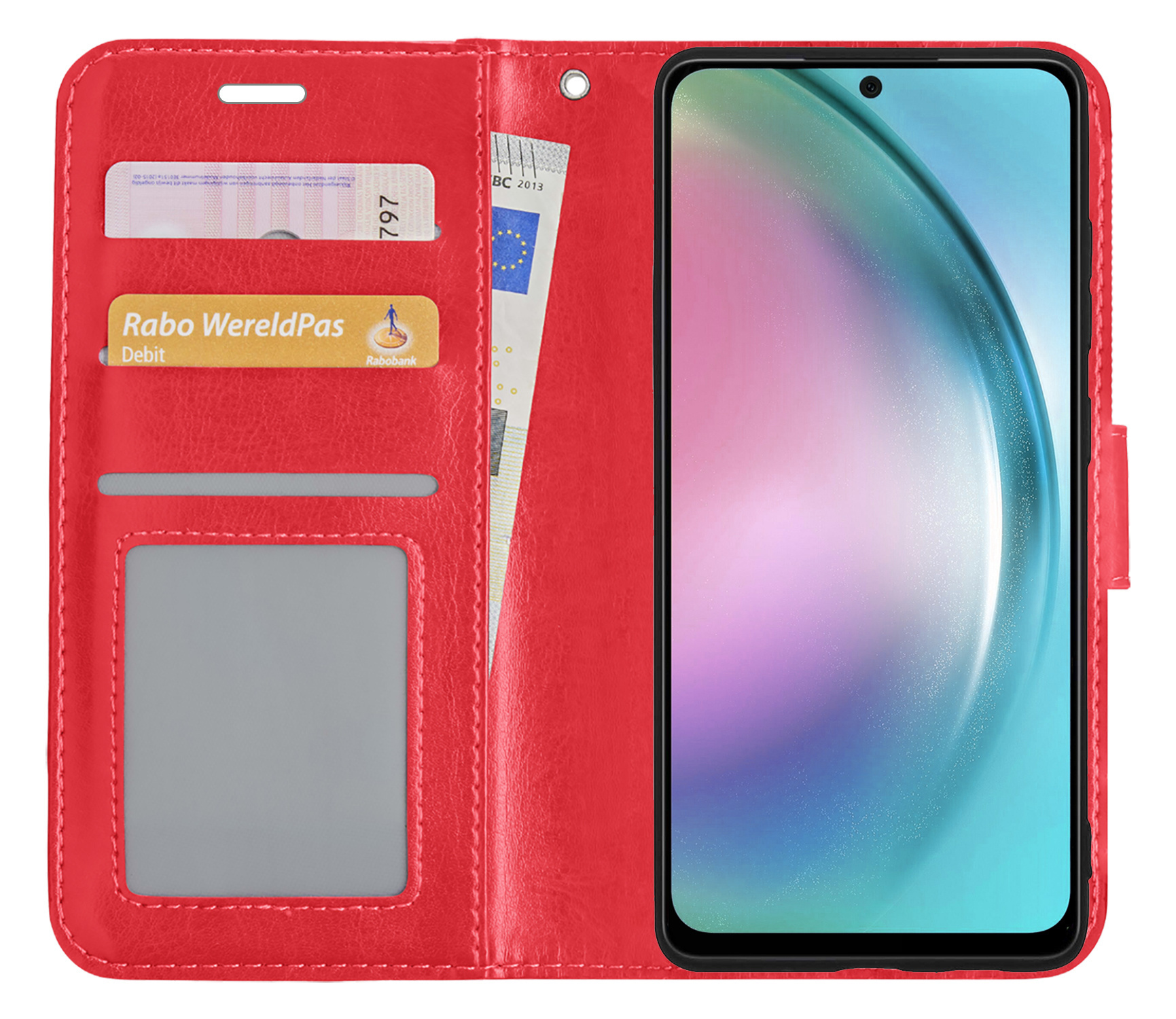 BASEY. Hoes Geschikt voor Samsung A54 Hoesje Bookcase Hoes Flip Case Book Cover Met 2x Screenprotector - Hoesje Geschikt voor Samsung Galaxy A54 Hoes Book Case Hoesje - Rood