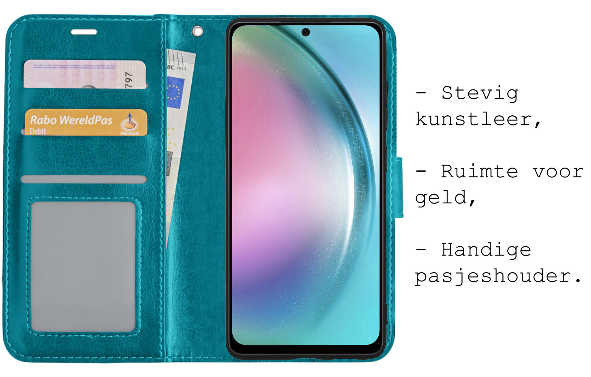 BASEY. Hoes Geschikt voor Samsung A54 Hoesje Bookcase Hoes Flip Case Book Cover Met 2x Screenprotector - Hoesje Geschikt voor Samsung Galaxy A54 Hoes Book Case Hoesje - Turquoise