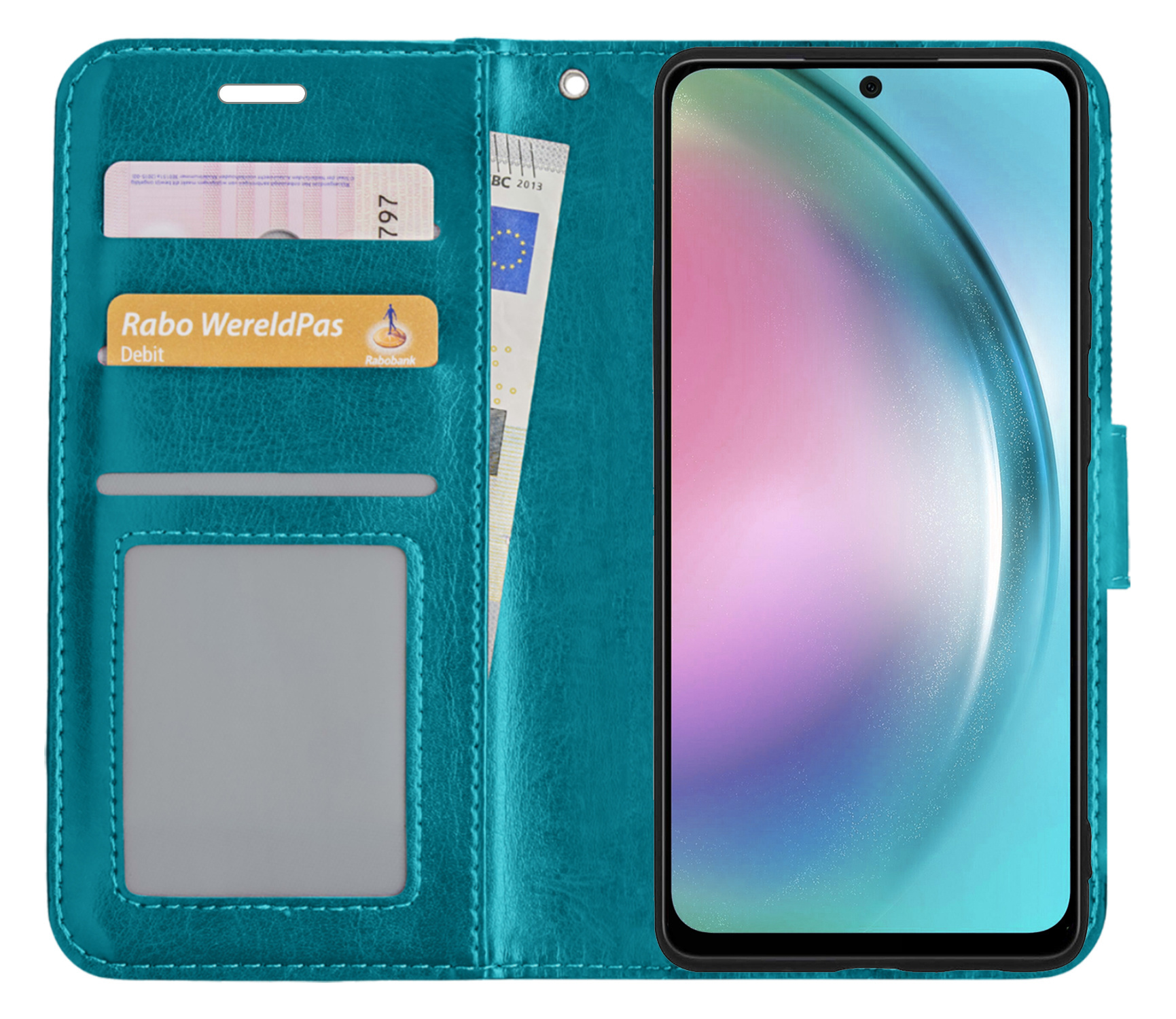 BASEY. Hoes Geschikt voor Samsung A54 Hoesje Bookcase Hoes Flip Case Book Cover Met 2x Screenprotector - Hoesje Geschikt voor Samsung Galaxy A54 Hoes Book Case Hoesje - Turquoise