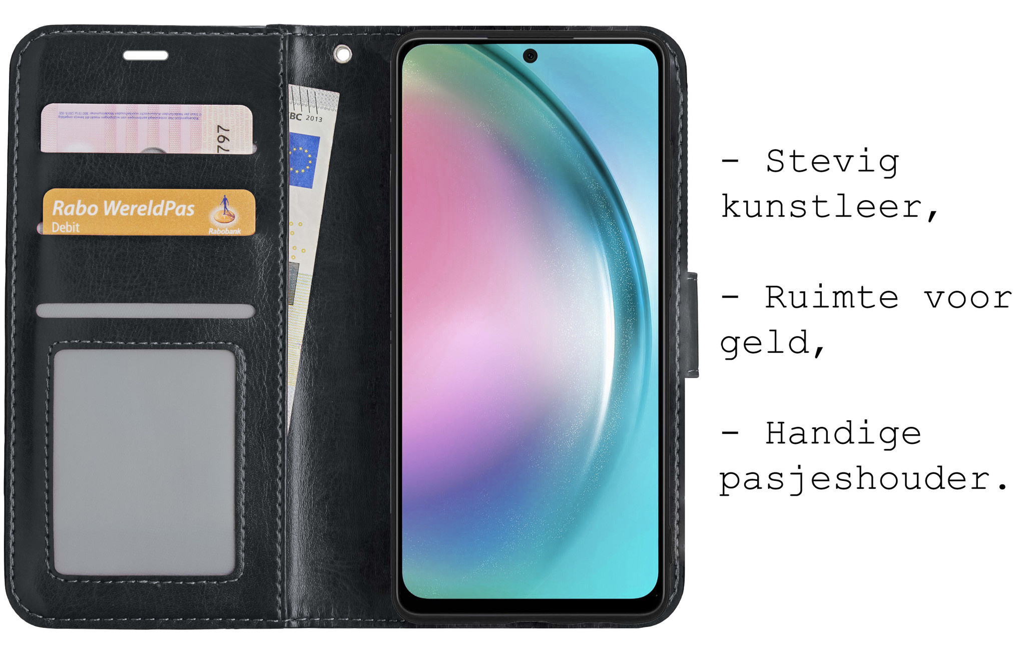 BASEY. Hoes Geschikt voor Samsung A54 Hoesje Bookcase Hoes Flip Case Book Cover Met 2x Screenprotector - Hoesje Geschikt voor Samsung Galaxy A54 Hoes Book Case Hoesje - Zwart