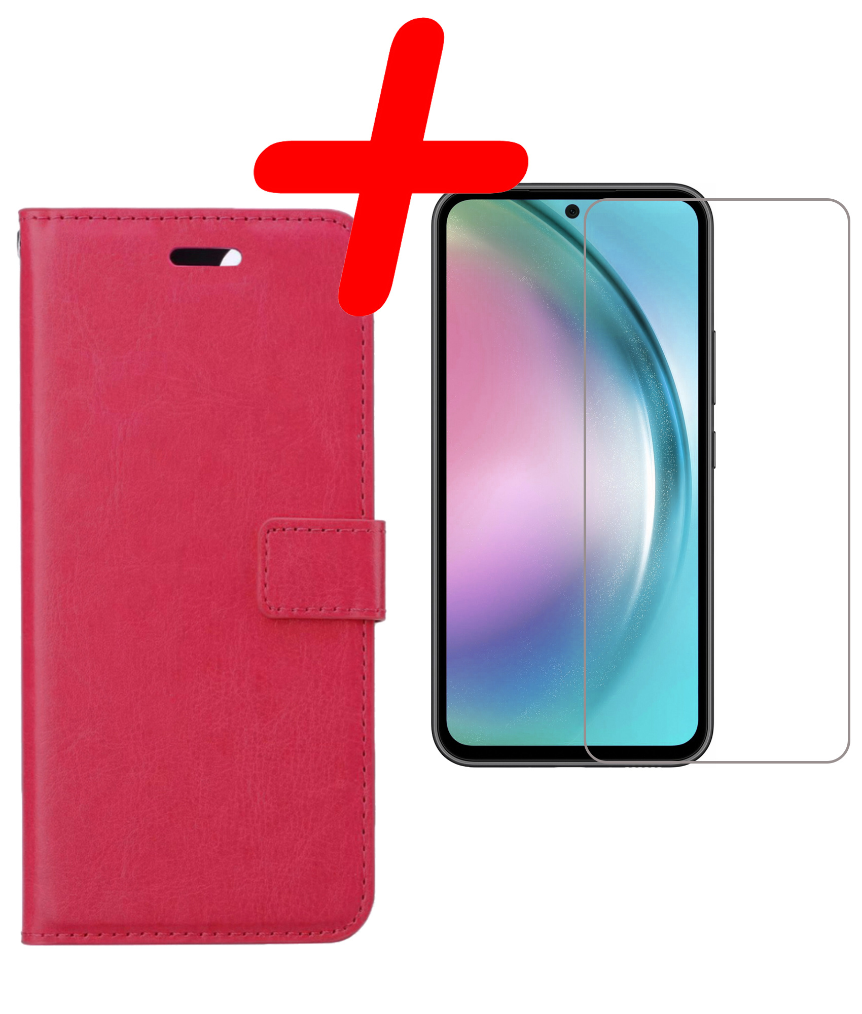 BASEY. Hoes Geschikt voor Samsung A54 Hoesje Bookcase Hoes Flip Case Book Cover Met Screenprotector - Hoesje Geschikt voor Samsung Galaxy A54 Hoes Book Case Hoesje - Donkerroze