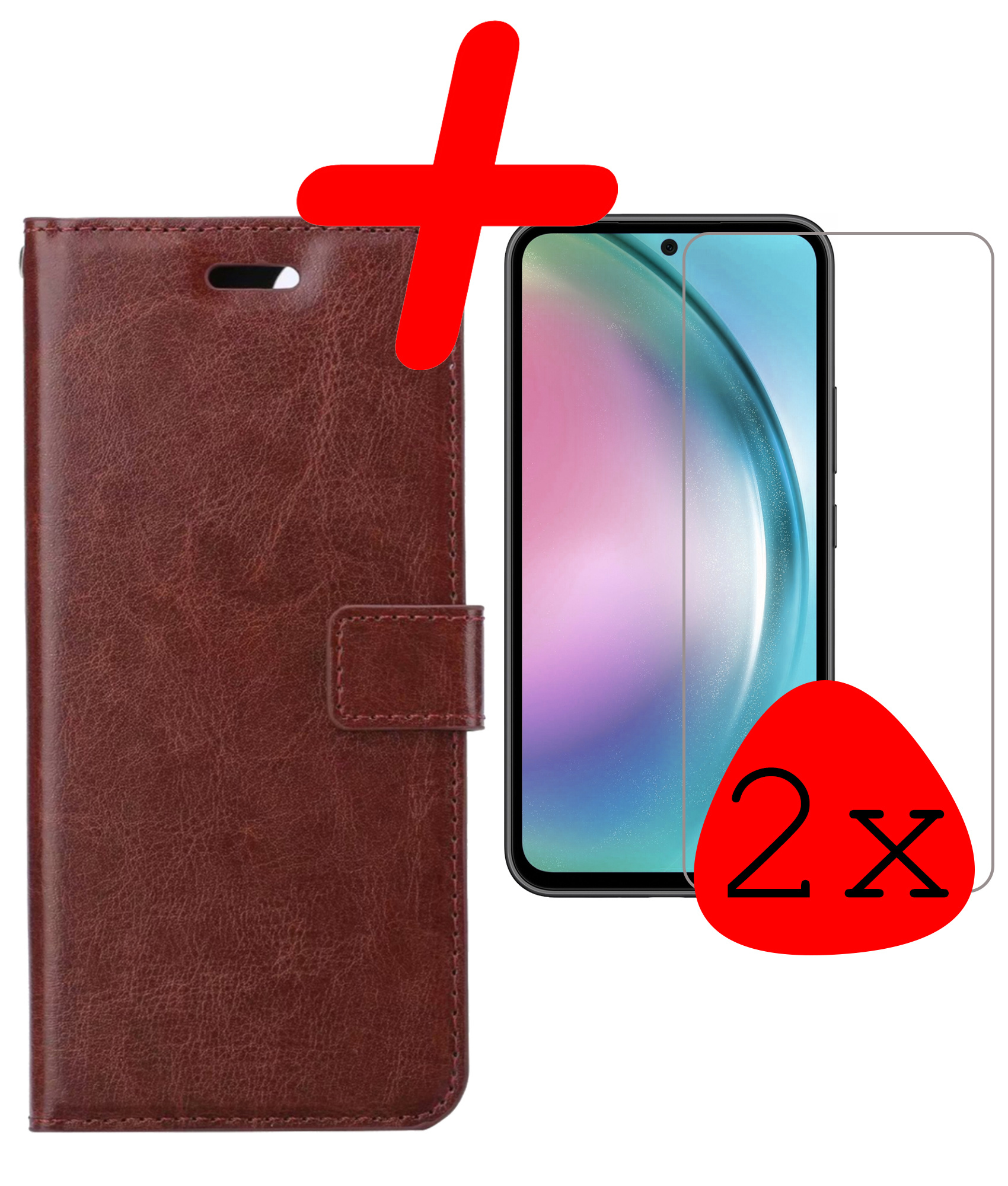 BASEY. Hoes Geschikt voor Samsung A54 Hoesje Bookcase Hoes Flip Case Book Cover Met 2x Screenprotector - Hoesje Geschikt voor Samsung Galaxy A54 Hoes Book Case Hoesje - Bruin