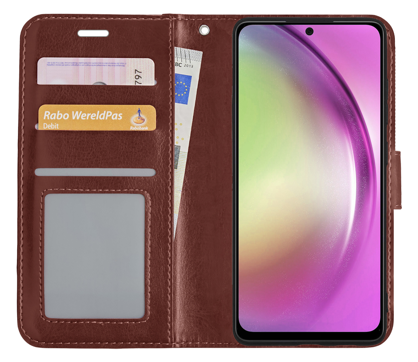 Nomfy Hoesje Geschikt voor Samsung A54 Hoes Bookcase Flipcase Book Cover Met 2x Screenprotector - Hoes Geschikt voor Samsung Galaxy A54 Hoesje Book Case - Bruin