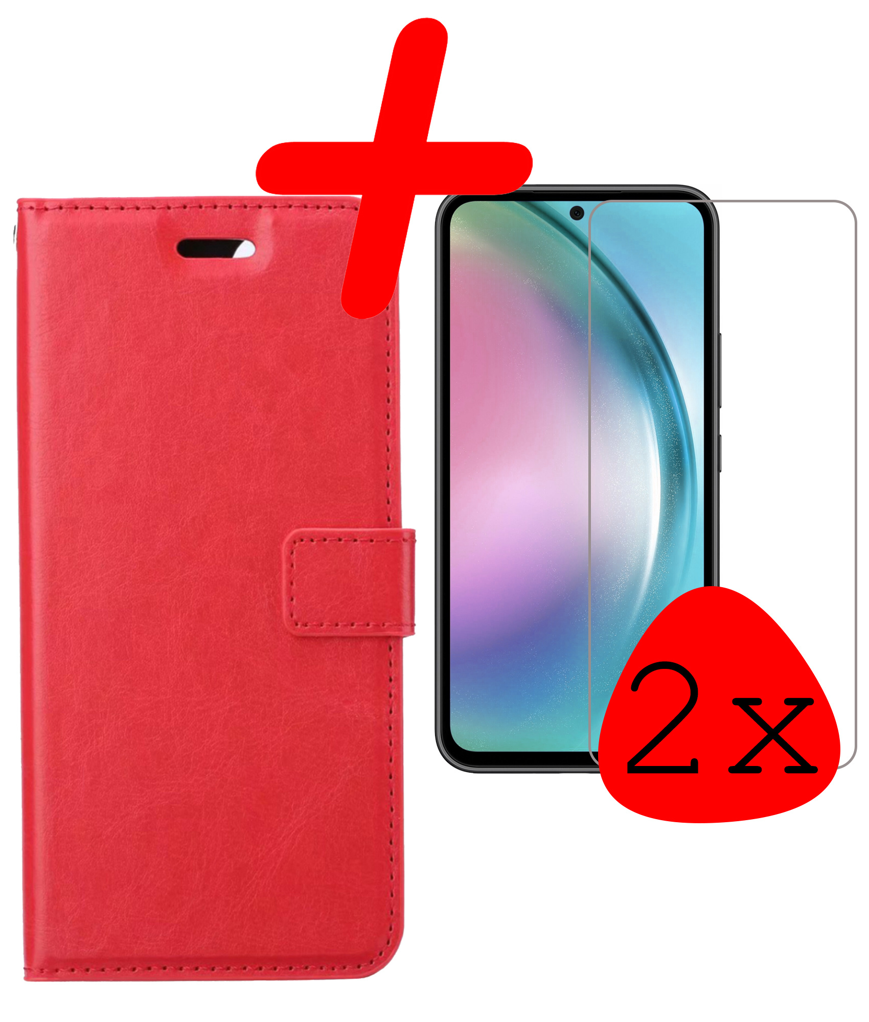 Samsung Galaxy A54 Hoesje Bookcase Hoes Flip Case Book Cover 2x Met Screenprotector - Samsung A54 Hoes Book Case Hoesje - Donkerroze