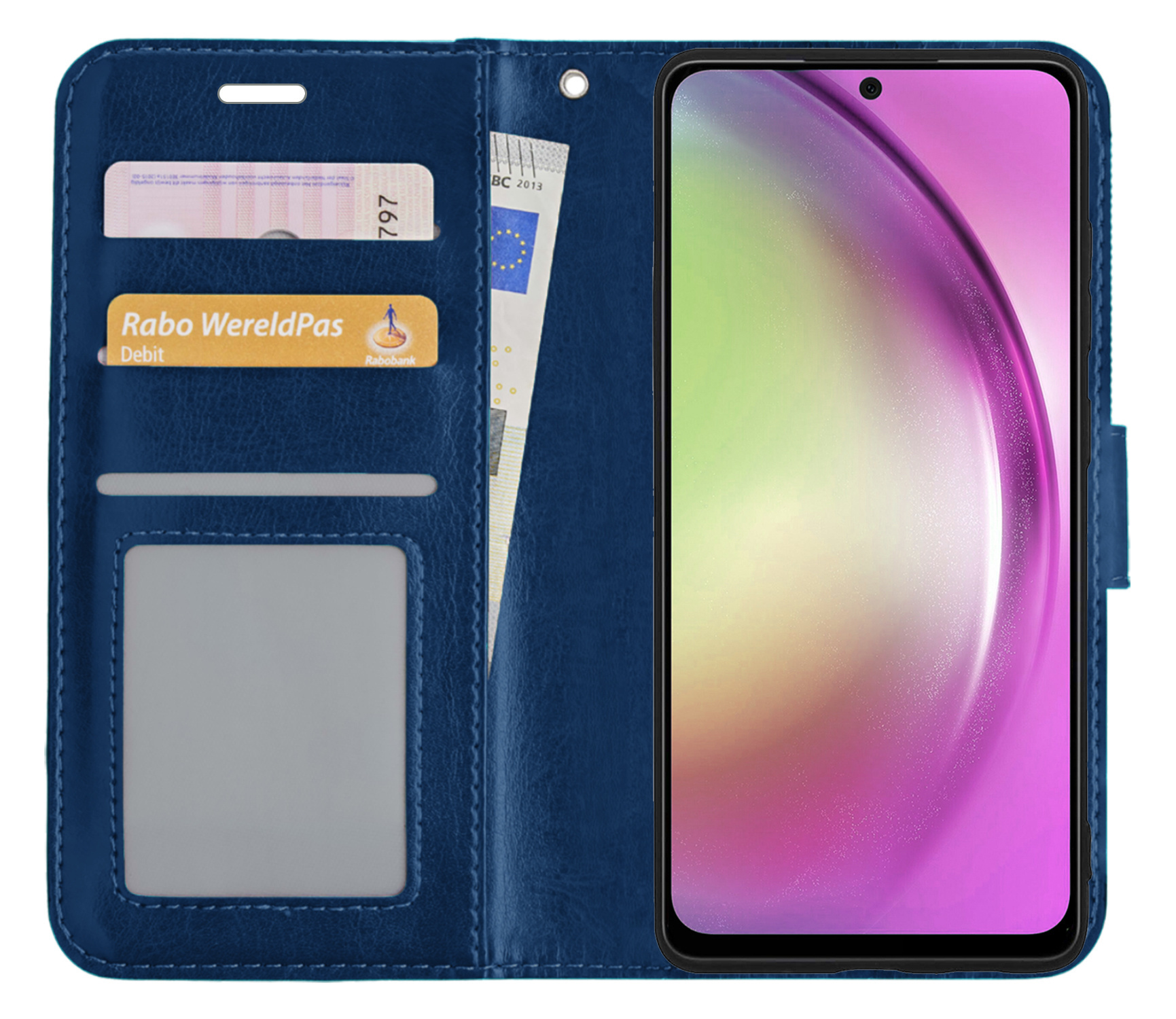 Nomfy Hoesje Geschikt voor Samsung A54 Hoes Bookcase Flipcase Book Cover Met 2x Screenprotector - Hoes Geschikt voor Samsung Galaxy A54 Hoesje Book Case - Donkerblauw