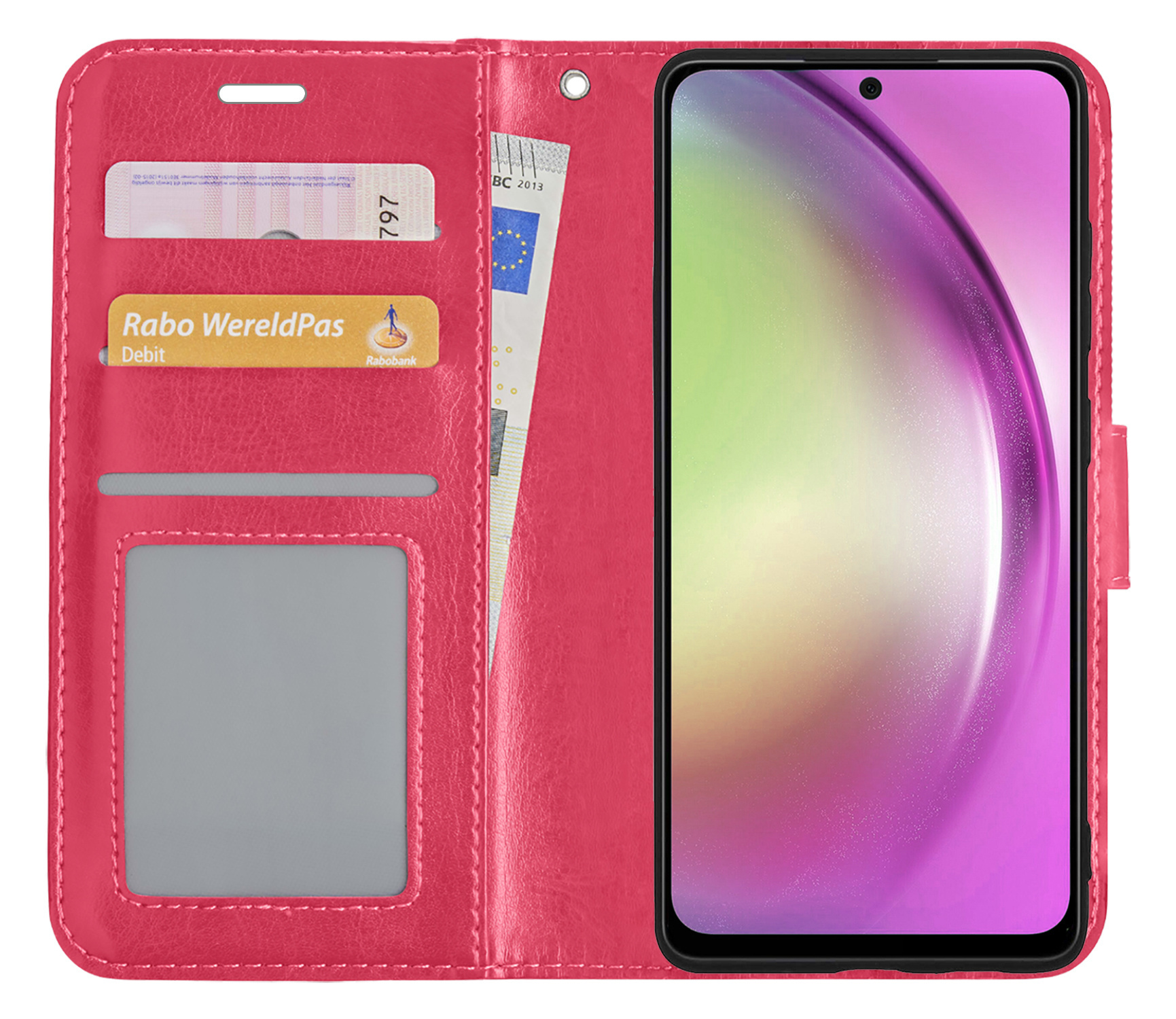 Nomfy Hoesje Geschikt voor Samsung A54 Hoes Bookcase Flipcase Book Cover Met 2x Screenprotector - Hoes Geschikt voor Samsung Galaxy A54 Hoesje Book Case - Donkerroze