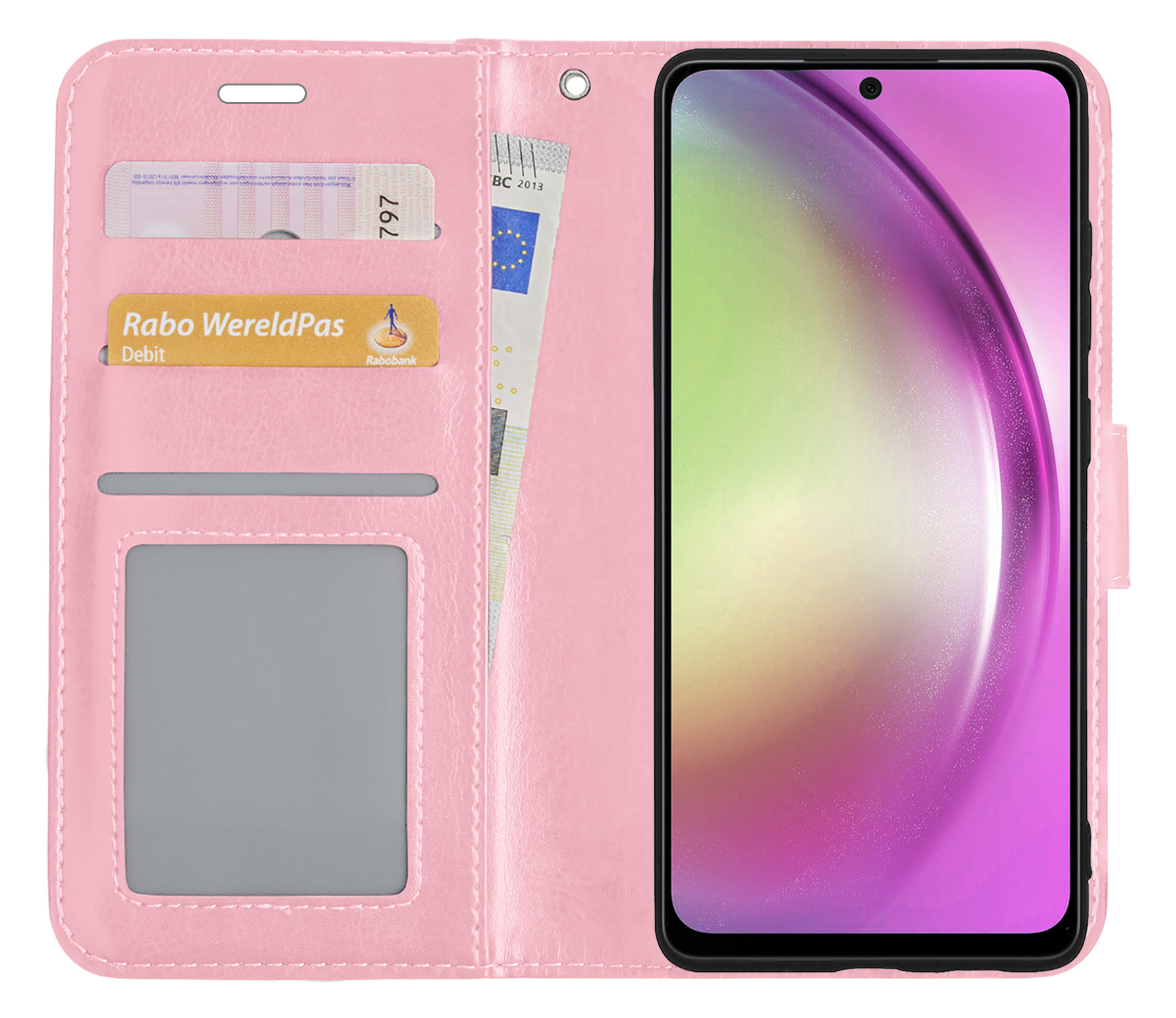 Nomfy Hoesje Geschikt voor Samsung A54 Hoes Bookcase Flipcase Book Cover Met 2x Screenprotector - Hoes Geschikt voor Samsung Galaxy A54 Hoesje Book Case - Lichtroze