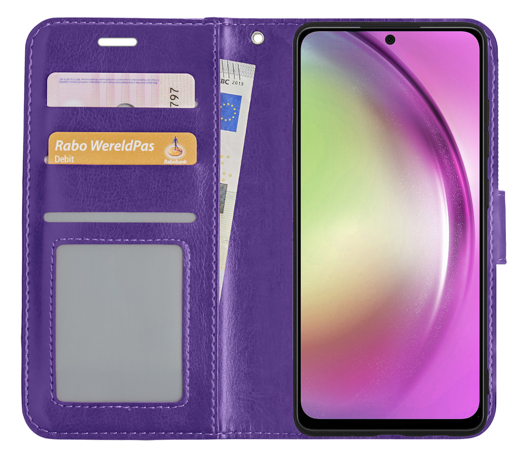 Nomfy Hoesje Geschikt voor Samsung A54 Hoes Bookcase Flipcase Book Cover Met 2x Screenprotector - Hoes Geschikt voor Samsung Galaxy A54 Hoesje Book Case - Paars
