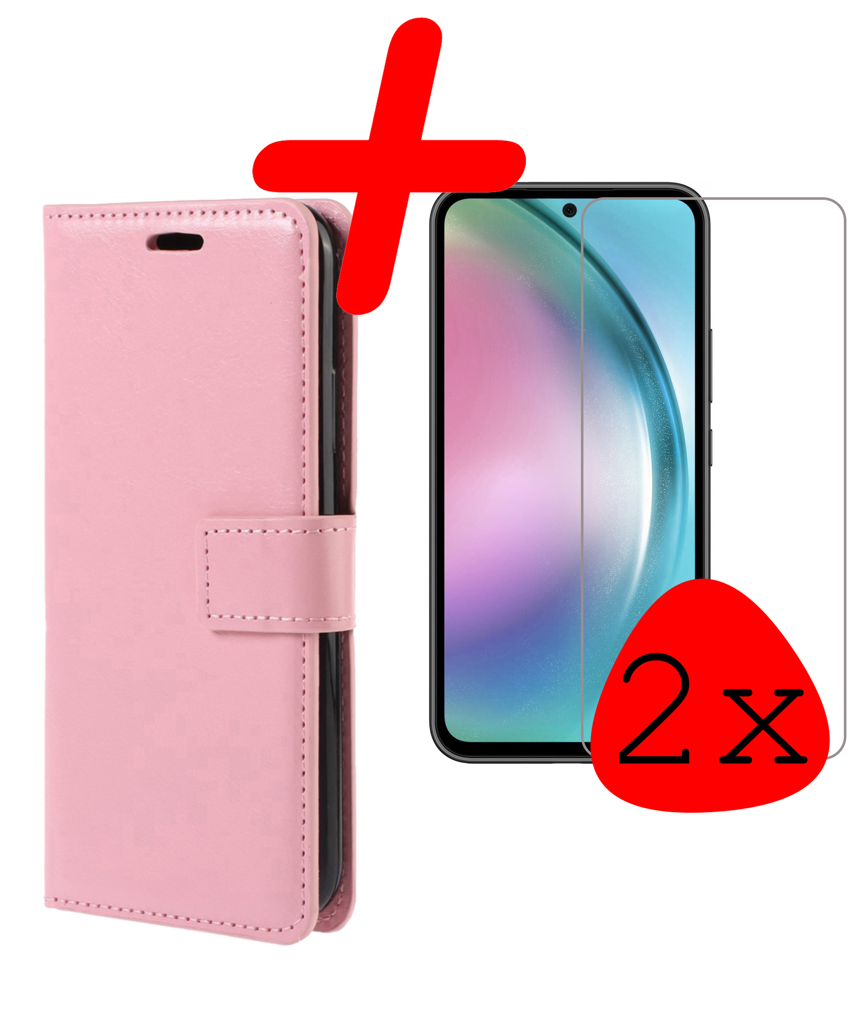 BASEY. Hoes Geschikt voor Samsung A54 Hoesje Bookcase Hoes Flip Case Book Cover Met 2x Screenprotector - Hoesje Geschikt voor Samsung Galaxy A54 Hoes Book Case Hoesje - Lichtroze
