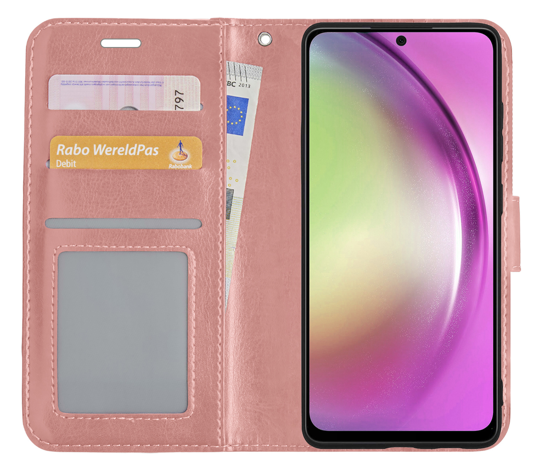 Nomfy Hoesje Geschikt voor Samsung A54 Hoes Bookcase Flipcase Book Cover Met 2x Screenprotector - Hoes Geschikt voor Samsung Galaxy A54 Hoesje Book Case - Rosé goud
