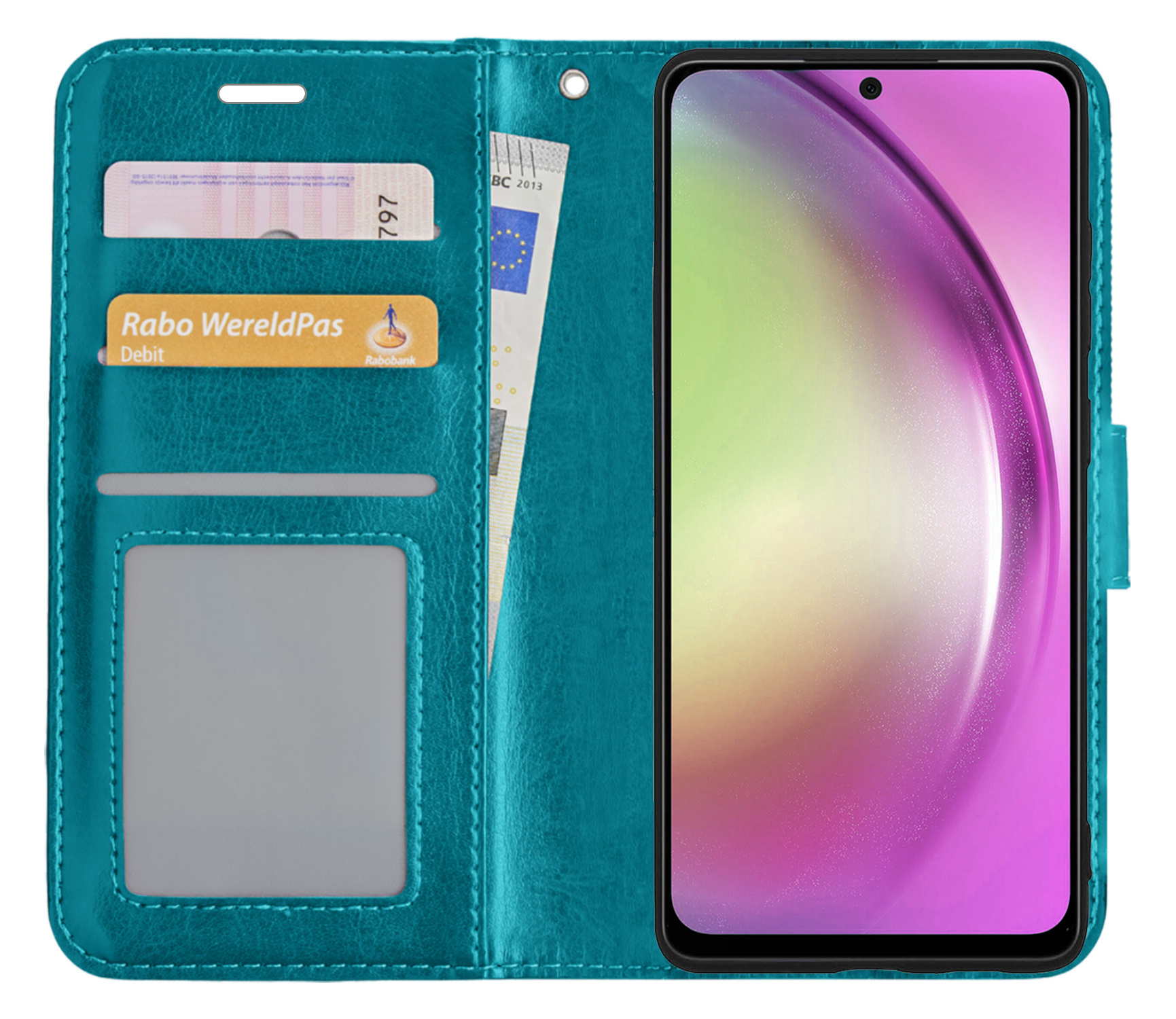 Nomfy Hoesje Geschikt voor Samsung A54 Hoes Bookcase Flipcase Book Cover Met 2x Screenprotector - Hoes Geschikt voor Samsung Galaxy A54 Hoesje Book Case - Turquoise