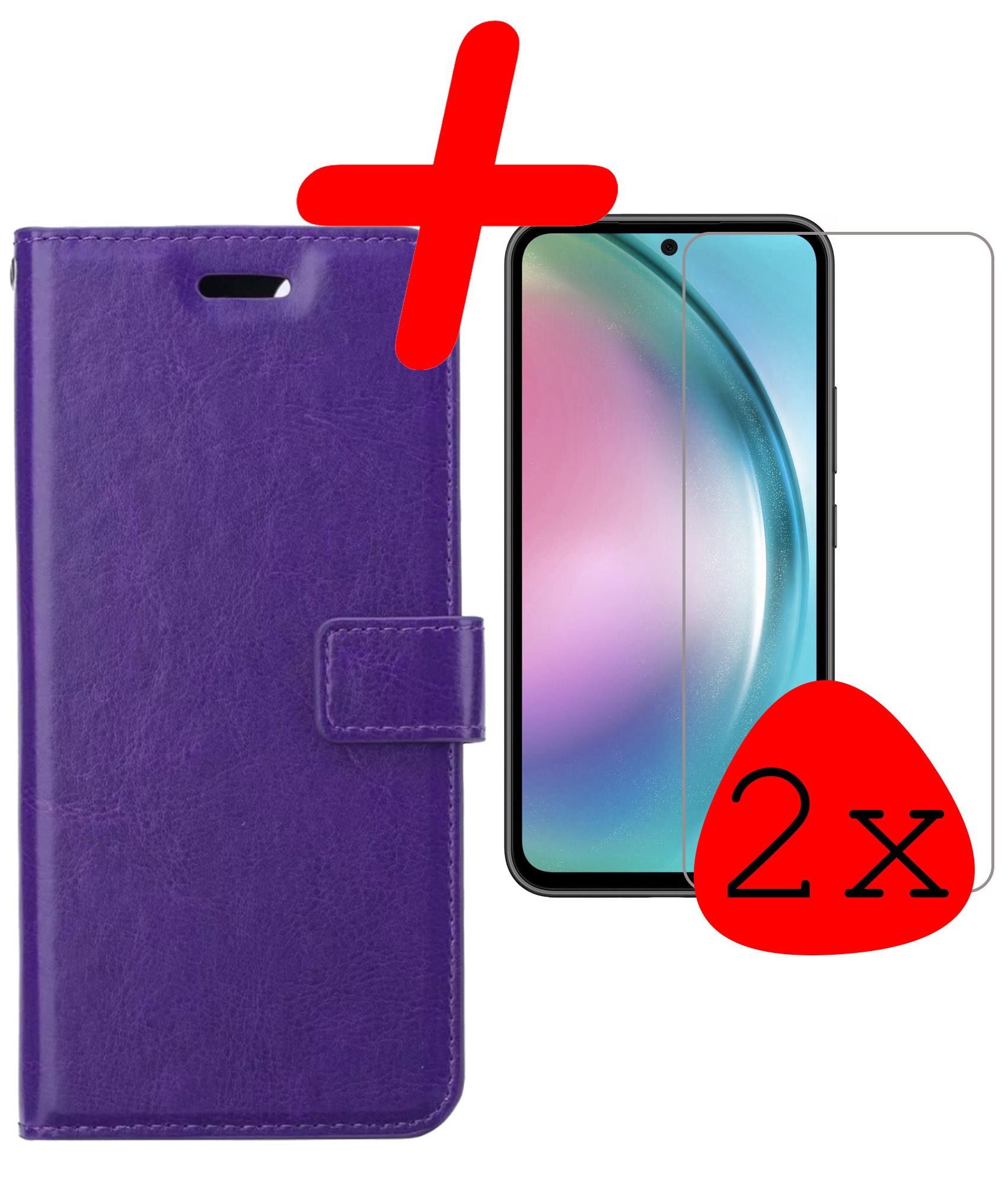 BASEY. Hoes Geschikt voor Samsung A54 Hoesje Bookcase Hoes Flip Case Book Cover Met 2x Screenprotector - Hoesje Geschikt voor Samsung Galaxy A54 Hoes Book Case Hoesje - Paars