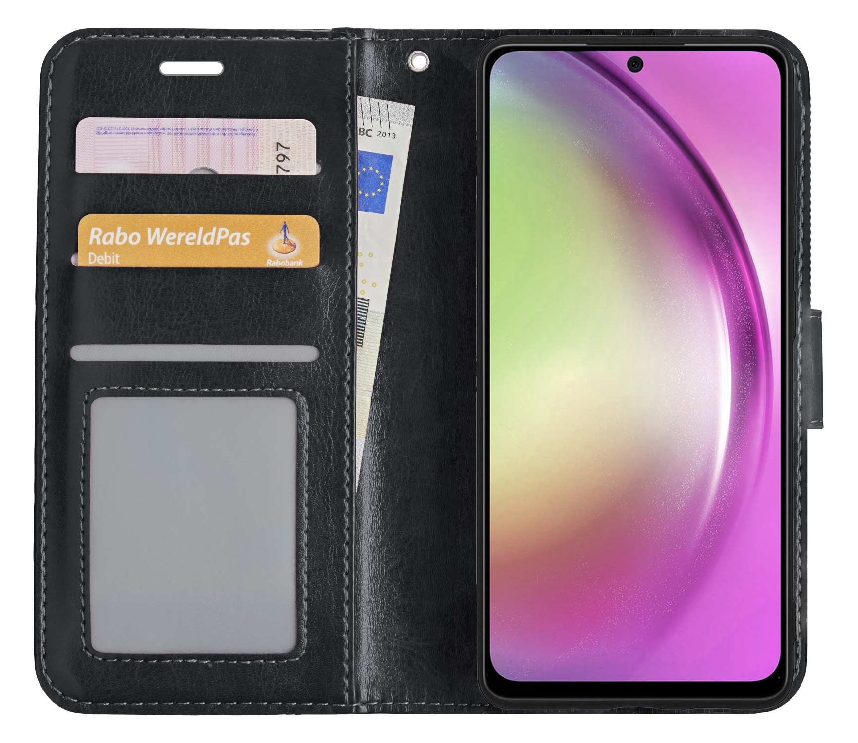 Nomfy Hoesje Geschikt voor Samsung A54 Hoes Bookcase Flipcase Book Cover Met 2x Screenprotector - Hoes Geschikt voor Samsung Galaxy A54 Hoesje Book Case - Zwart