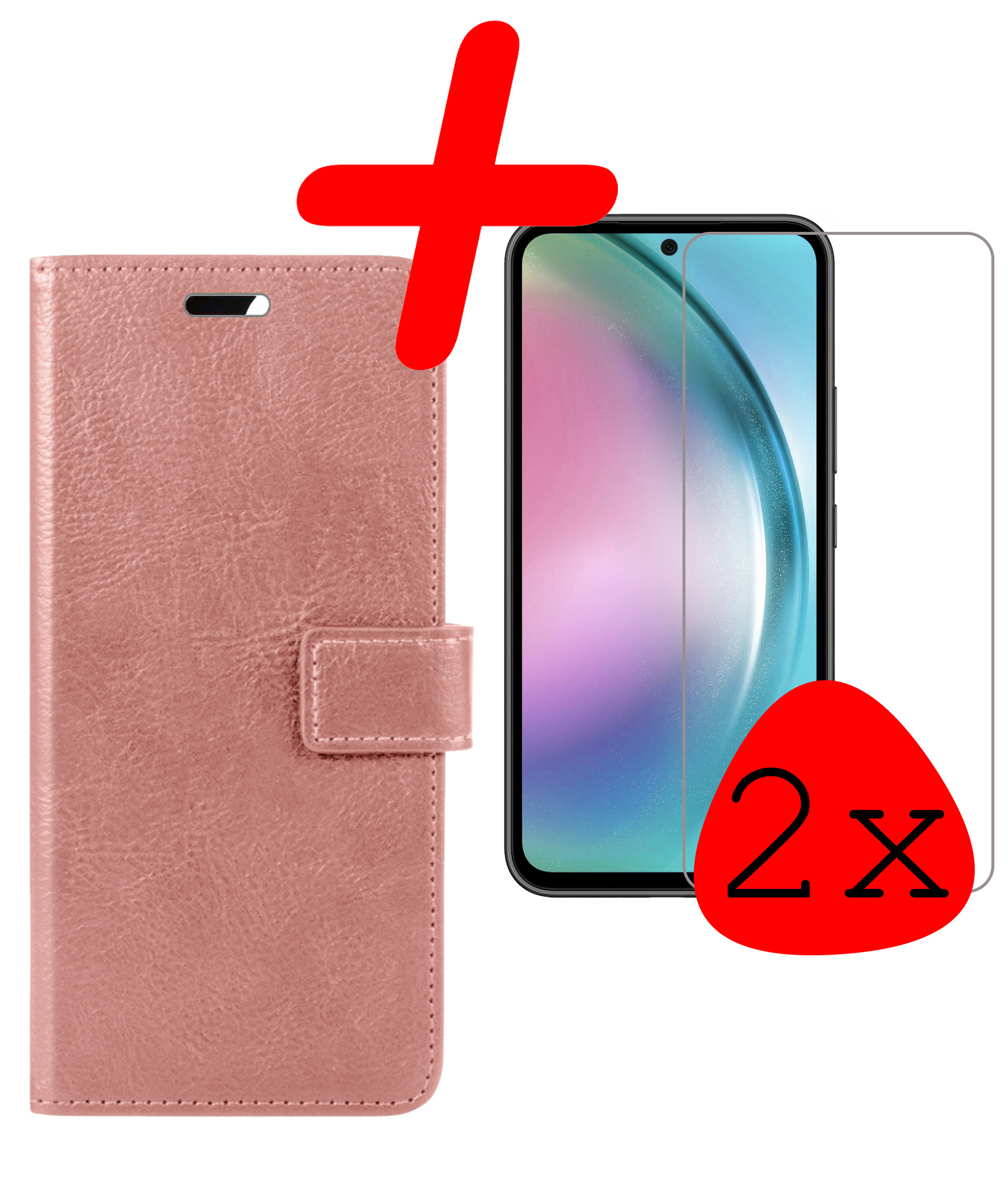 BASEY. Hoes Geschikt voor Samsung A54 Hoesje Bookcase Hoes Flip Case Book Cover Met 2x Screenprotector - Hoesje Geschikt voor Samsung Galaxy A54 Hoes Book Case Hoesje - Rosé goud