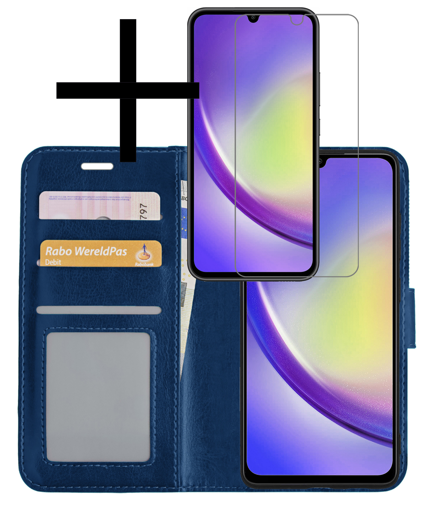 Hoes Geschikt voor Samsung A34 Hoesje Book Case Hoes Flip Cover Wallet Bookcase Met Screenprotector - Donkerblauw