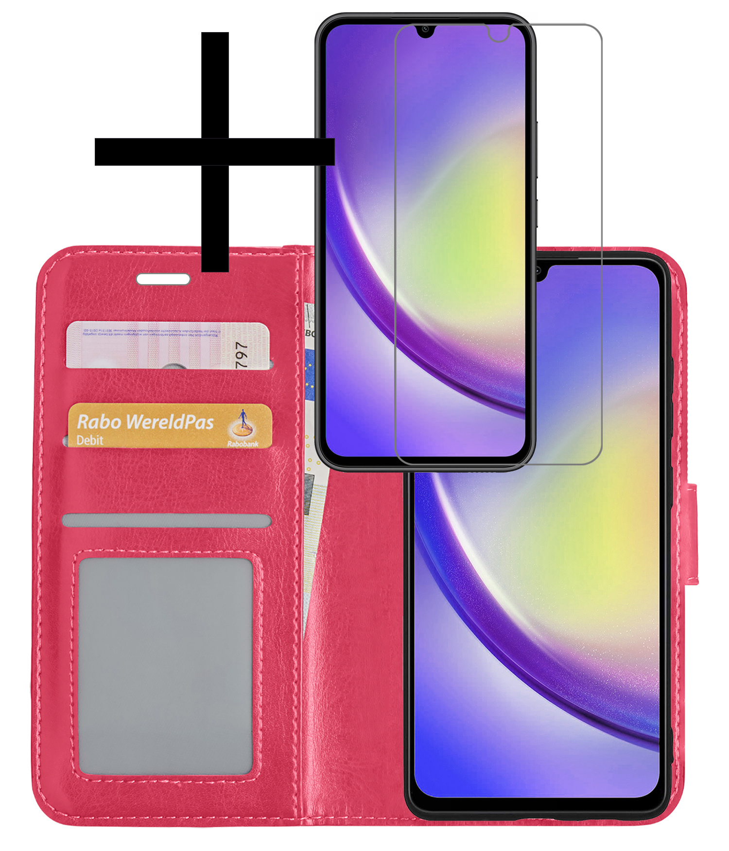 NoXx Hoes Geschikt voor Samsung A34 Hoesje Book Case Hoes Flip Cover Wallet Bookcase Met Screenprotector - Donkerroze