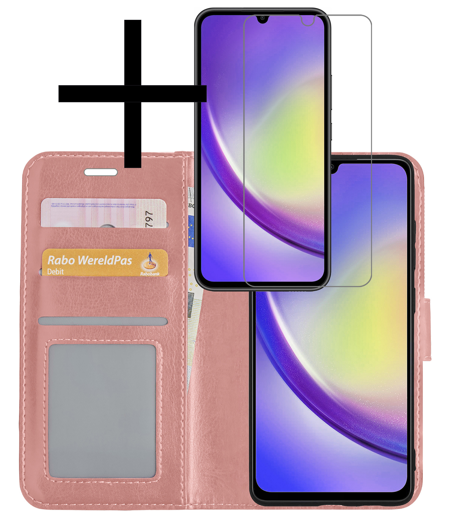 NoXx Hoes Geschikt voor Samsung A34 Hoesje Book Case Hoes Flip Cover Wallet Bookcase Met Screenprotector - Rosé goud