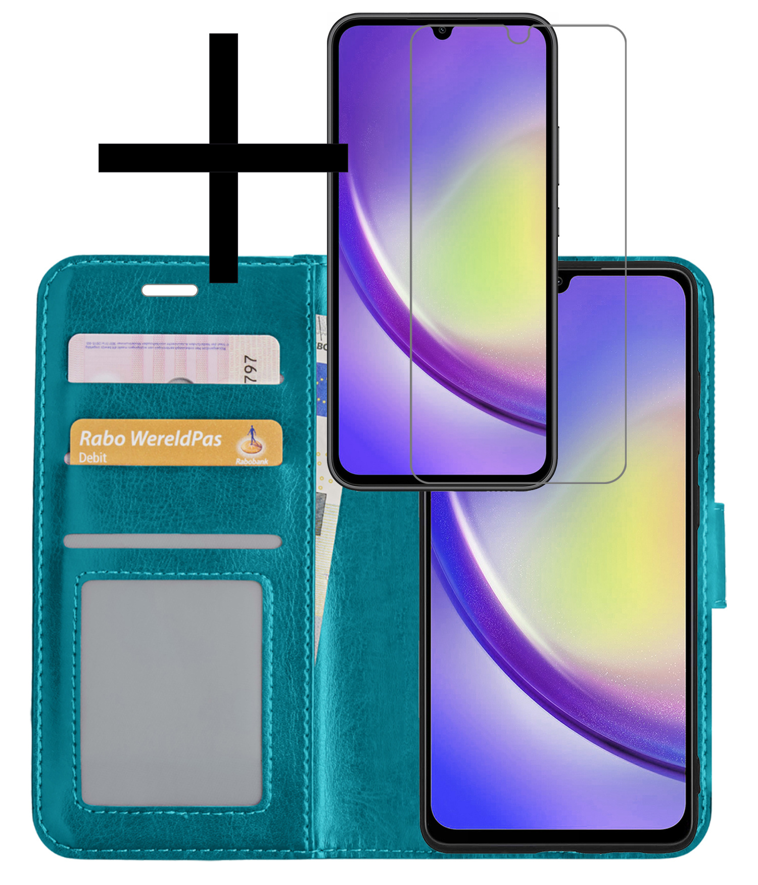 NoXx Hoes Geschikt voor Samsung A34 Hoesje Book Case Hoes Flip Cover Wallet Bookcase Met Screenprotector - Turquoise