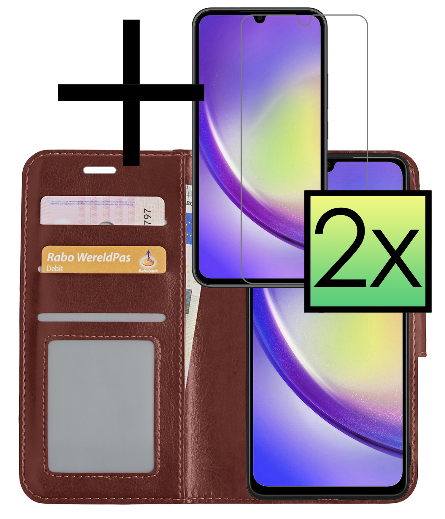 NoXx Hoes Geschikt voor Samsung A34 Hoesje Book Case Hoes Flip Cover Wallet Bookcase Met 2x Screenprotector - Bruin