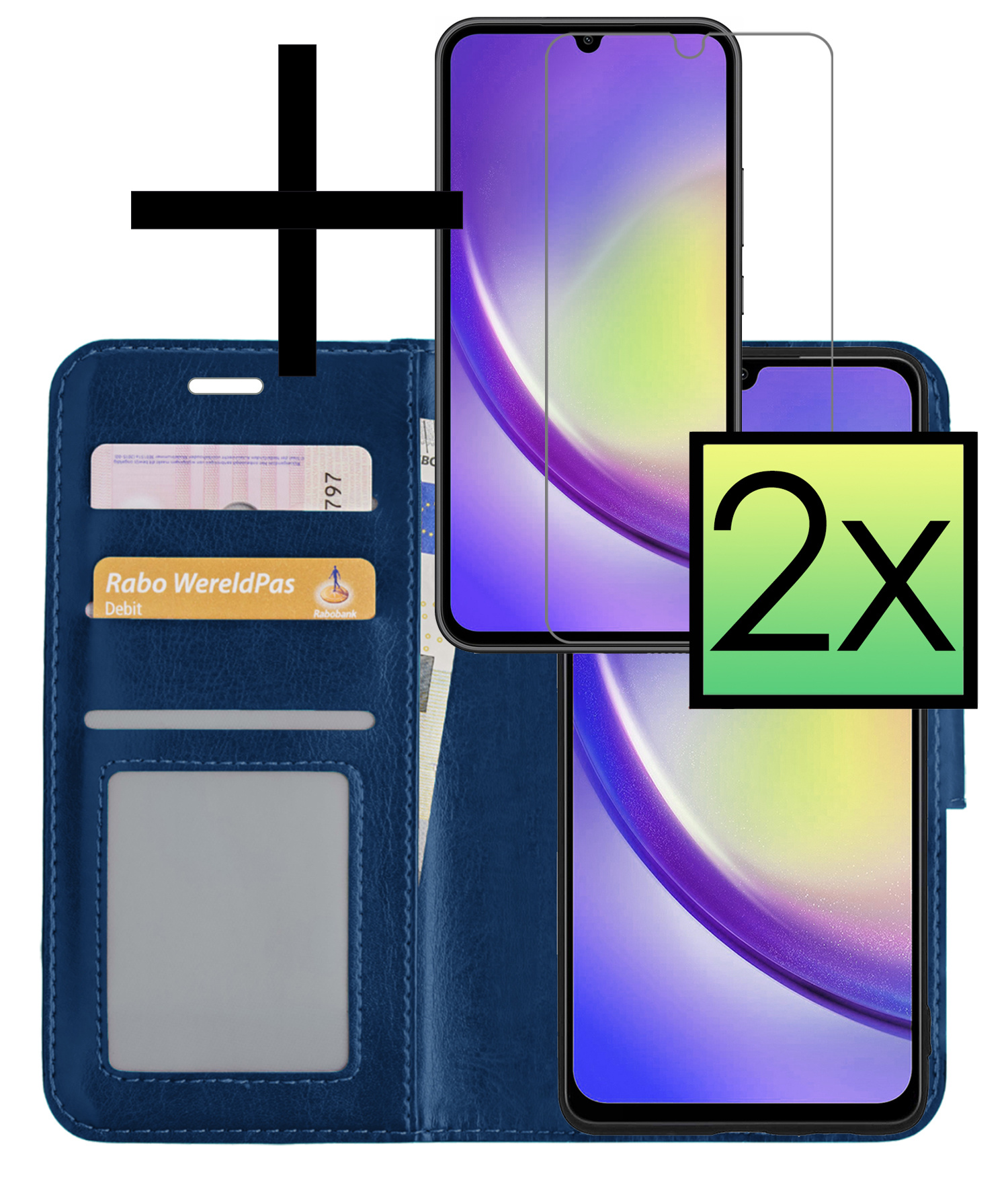 NoXx Hoes Geschikt voor Samsung A34 Hoesje Book Case Hoes Flip Cover Wallet Bookcase Met 2x Screenprotector - Donkerblauw