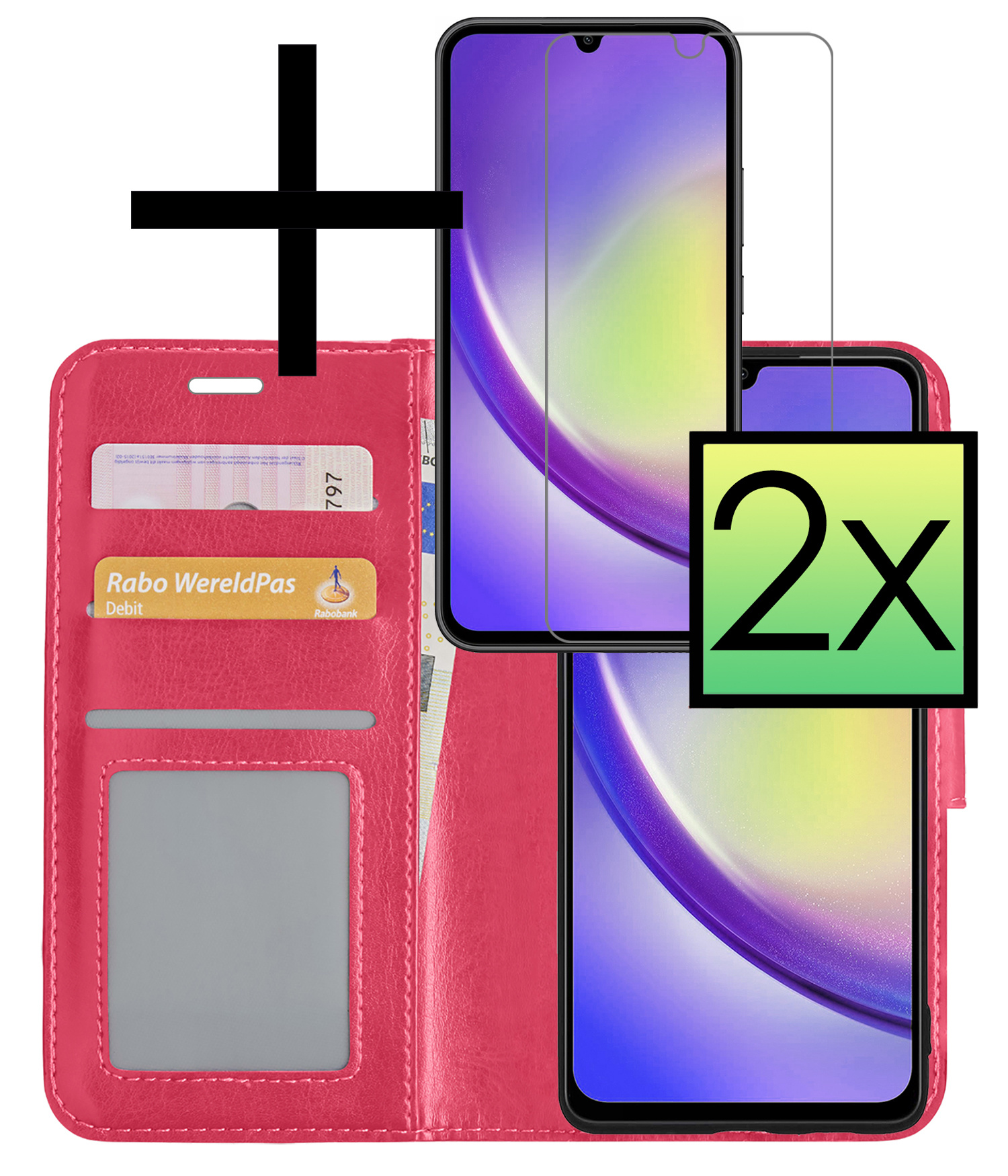 NoXx Hoes Geschikt voor Samsung A34 Hoesje Book Case Hoes Flip Cover Wallet Bookcase Met 2x Screenprotector - Donkerroze
