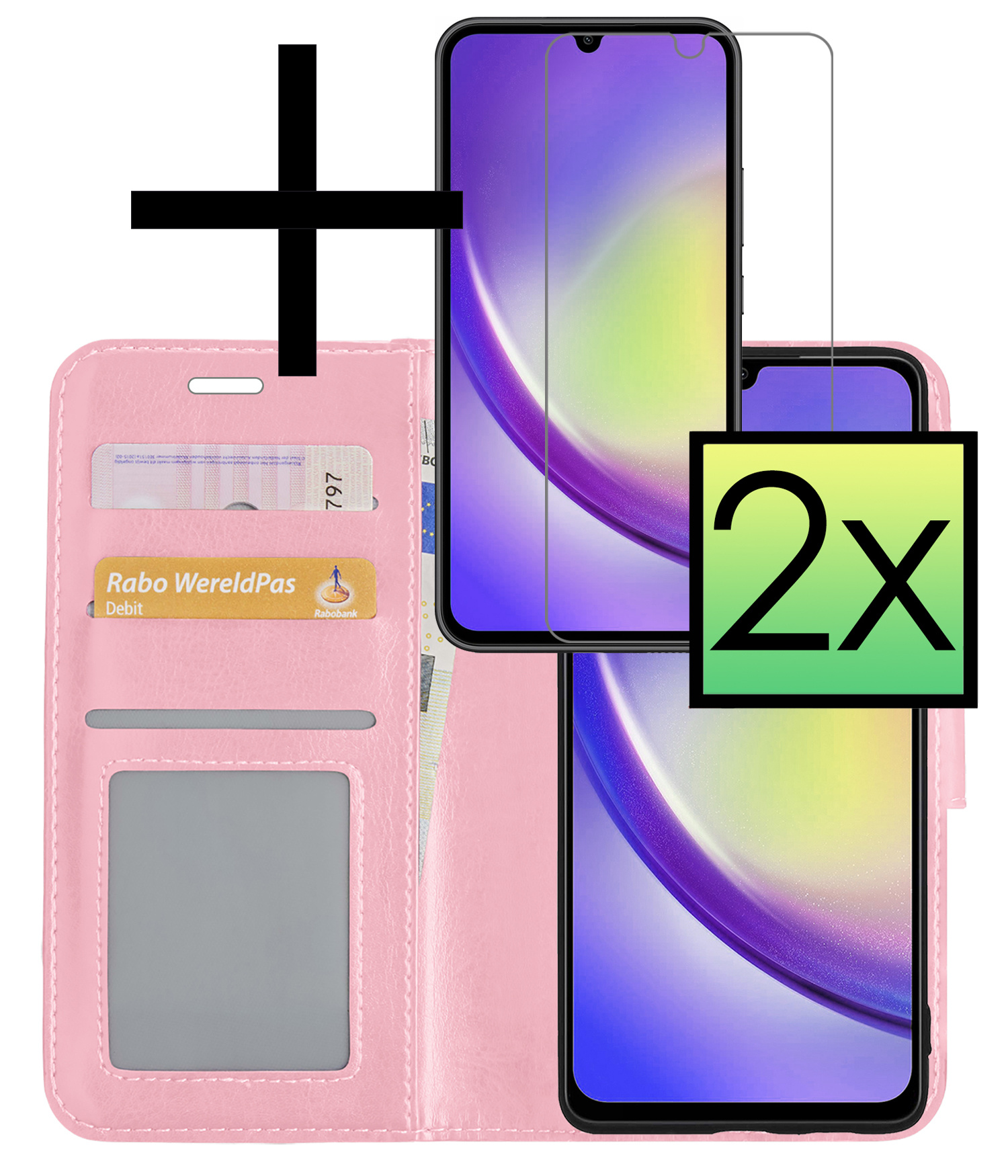 Hoes Geschikt voor Samsung A34 Hoesje Book Case Hoes Flip Cover Wallet Bookcase Met 2x Screenprotector - Lichtroze