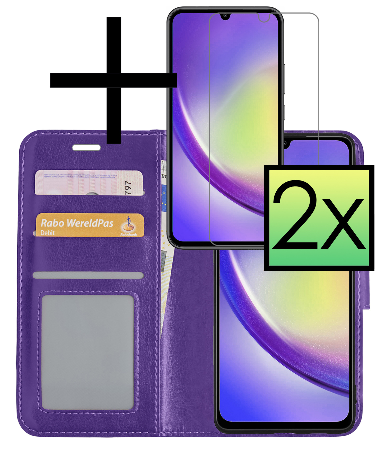 NoXx Hoes Geschikt voor Samsung A34 Hoesje Book Case Hoes Flip Cover Wallet Bookcase Met 2x Screenprotector - Paars