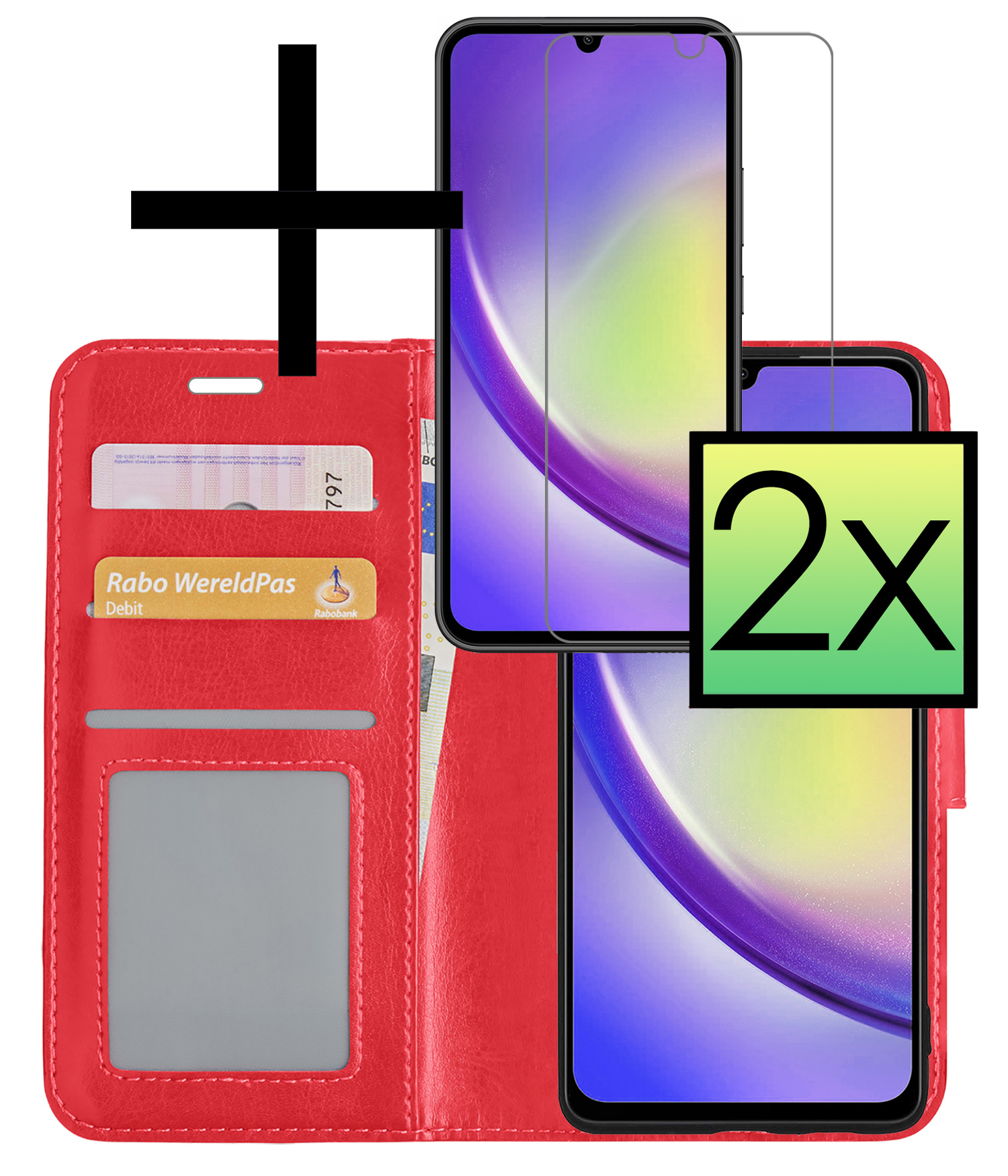 NoXx Hoes Geschikt voor Samsung A34 Hoesje Book Case Hoes Flip Cover Wallet Bookcase Met 2x Screenprotector - Rood