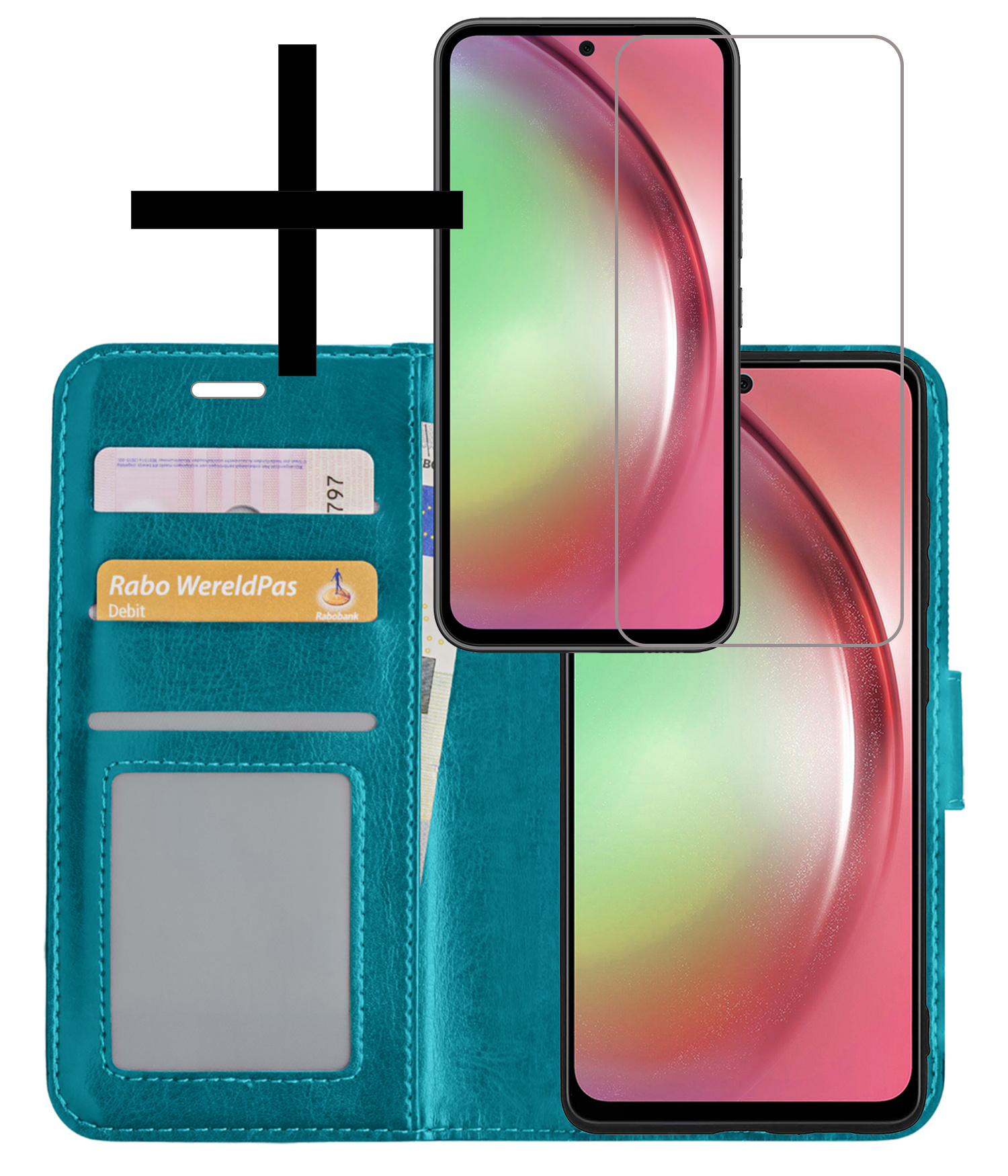 NoXx Hoes Geschikt voor Samsung A54 Hoesje Book Case Hoes Flip Cover Wallet Bookcase Met Screenprotector - Turquoise