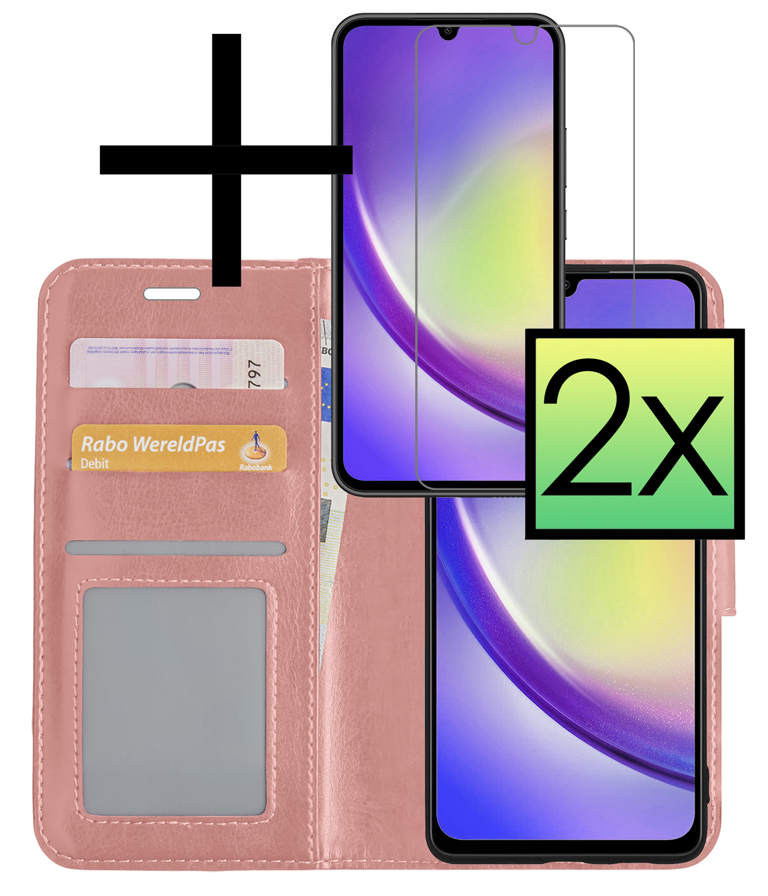 Hoes Geschikt voor Samsung A34 Hoesje Book Case Hoes Flip Cover Wallet Bookcase Met 2x Screenprotector - Rosé goud
