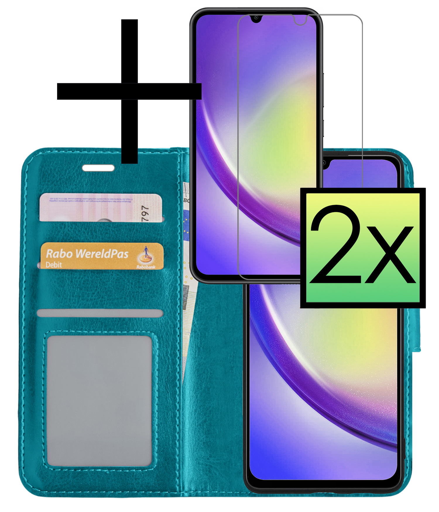 Hoes Geschikt voor Samsung A34 Hoesje Book Case Hoes Flip Cover Wallet Bookcase Met 2x Screenprotector - Turquoise