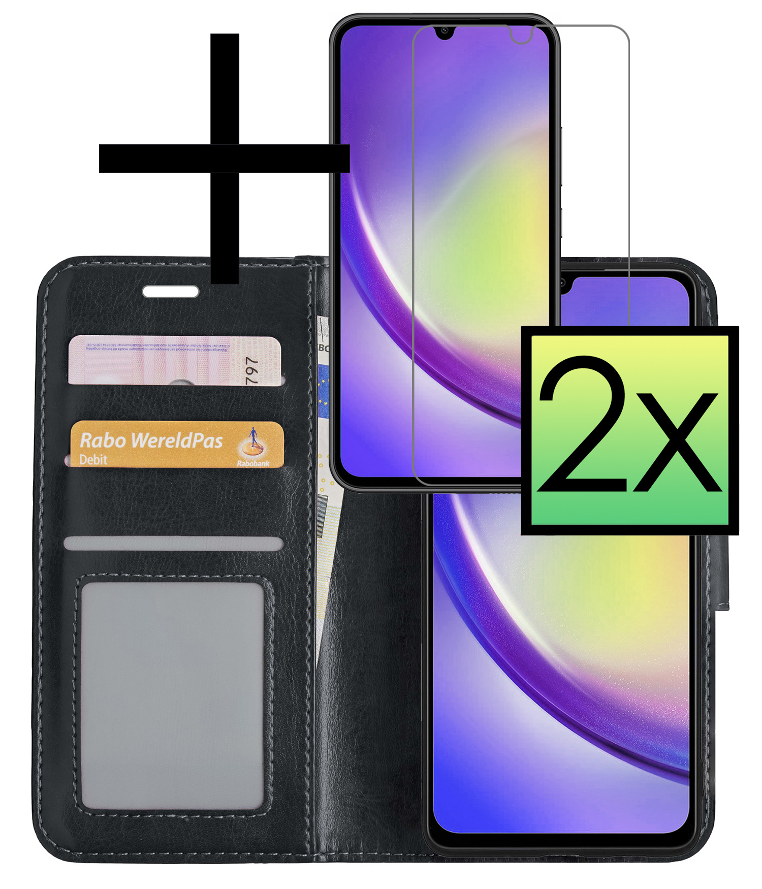 NoXx Hoes Geschikt voor Samsung A34 Hoesje Book Case Hoes Flip Cover Wallet Bookcase Met 2x Screenprotector - Zwart