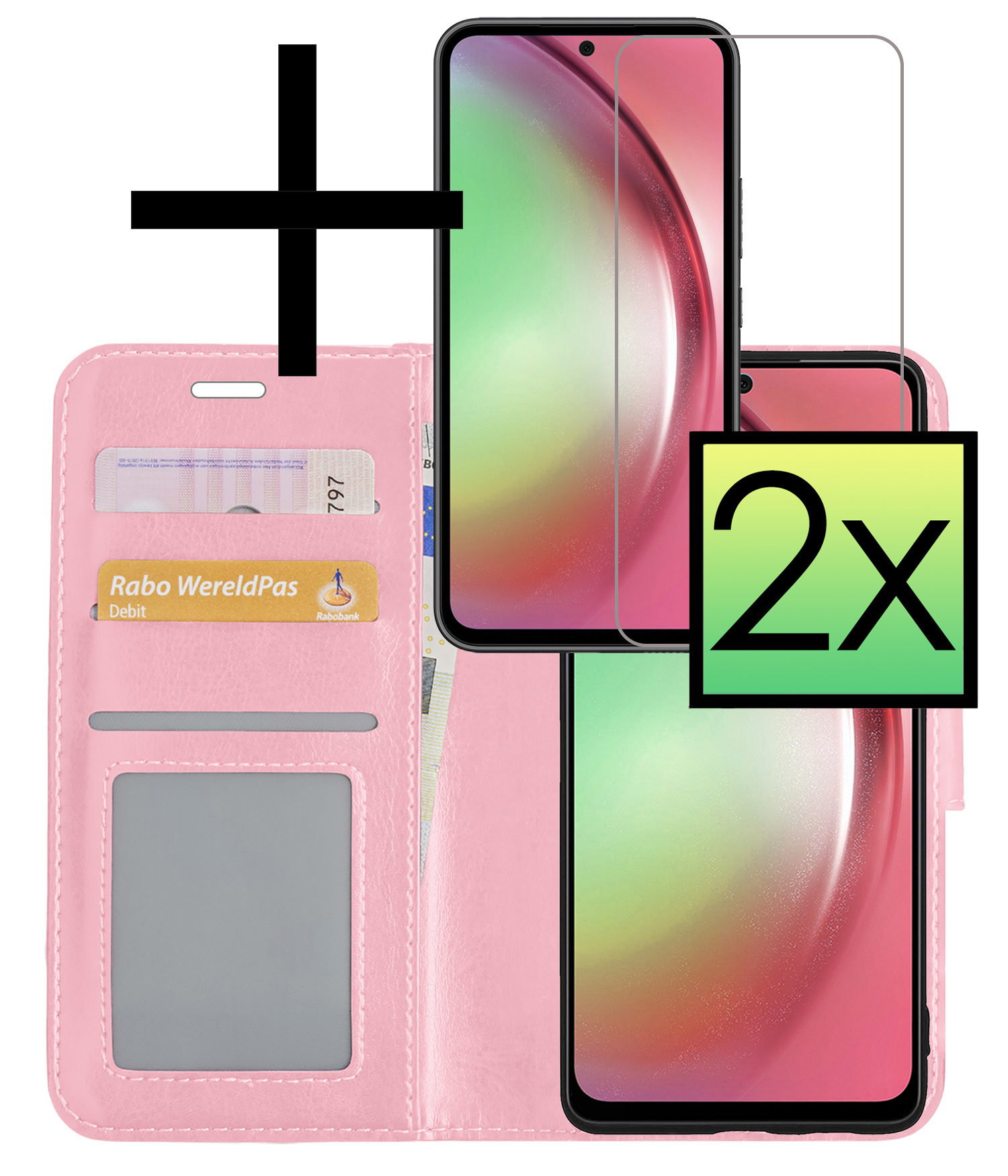 NoXx Hoes Geschikt voor Samsung A54 Hoesje Book Case Hoes Flip Cover Wallet Bookcase Met 2x Screenprotector - Lichtroze