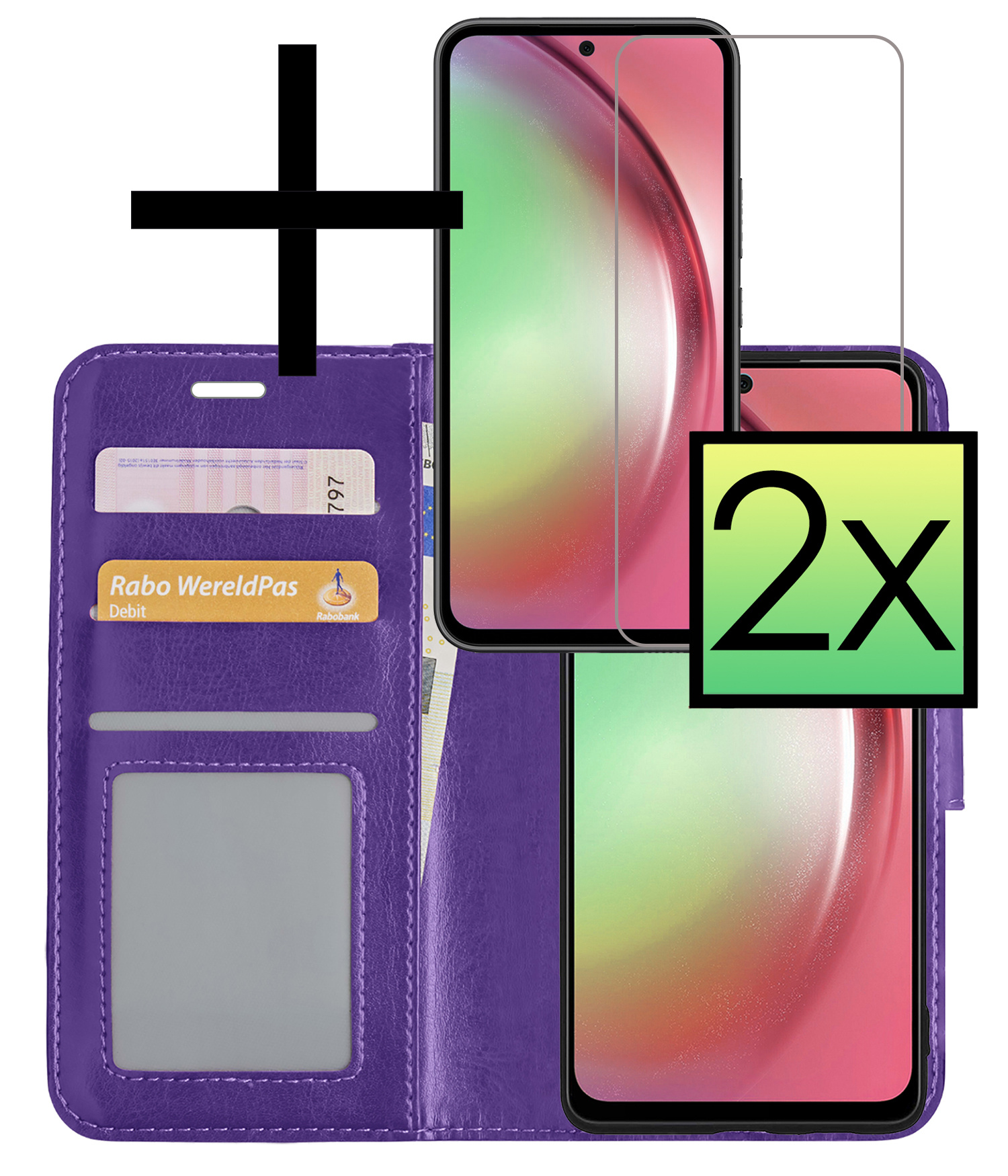 NoXx Hoes Geschikt voor Samsung A54 Hoesje Book Case Hoes Flip Cover Wallet Bookcase Met 2x Screenprotector - Paars