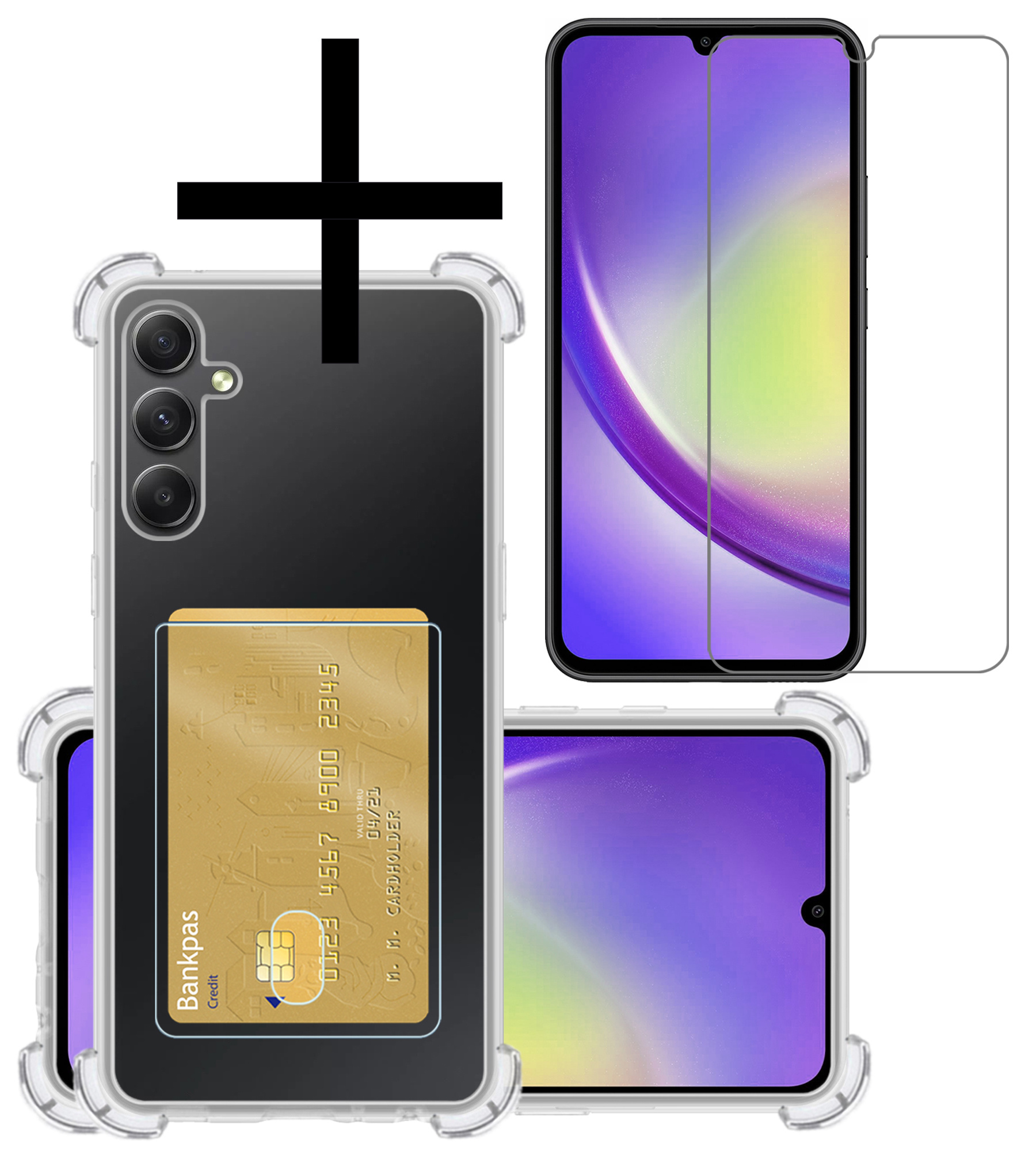 NoXx Hoes Geschikt voor Samsung A34 Hoesje Pasjeshouder Cover Shock Proof Case Siliconen Hoes Met Kaarthouder Met Screenprotector - Transparant